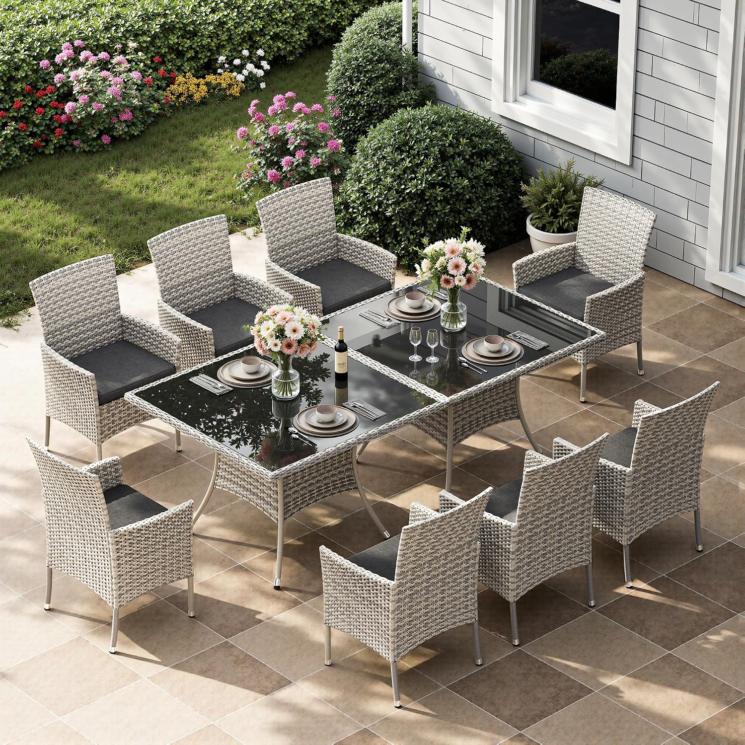 10-Piece Patio Dining Set, Patio Furniture Set with Square Tempered Glass Table & 8 Wicker Chairs, Expandable Design for Larger Groups, Outdoor Furniture for Backyard, Deck, Garden, Dark Grey