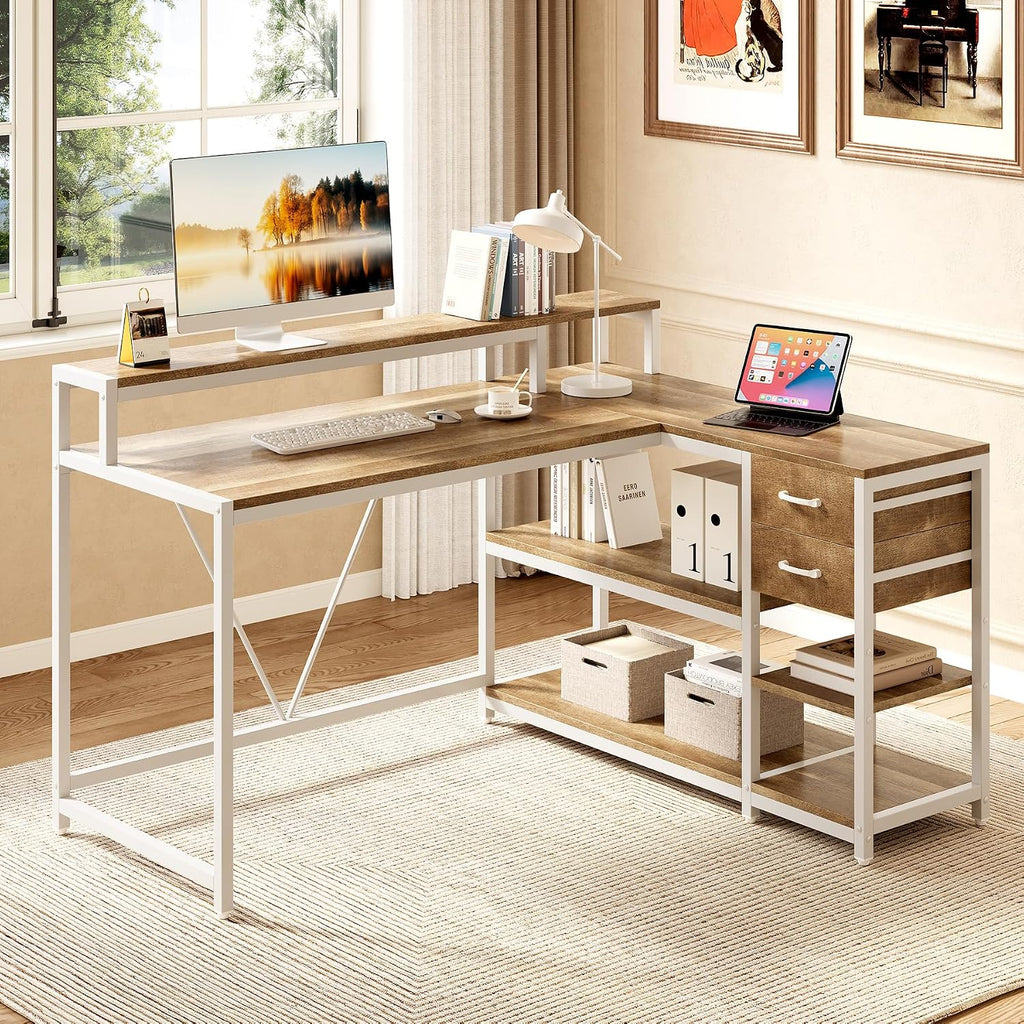 LITTLE TREE 55-Inch L-Shaped Computer Desk, Reversible Computer Desk with Drawers and Storage Shelves, Corner Desk Gaming Desk Work Desk for Home Office, Walnut