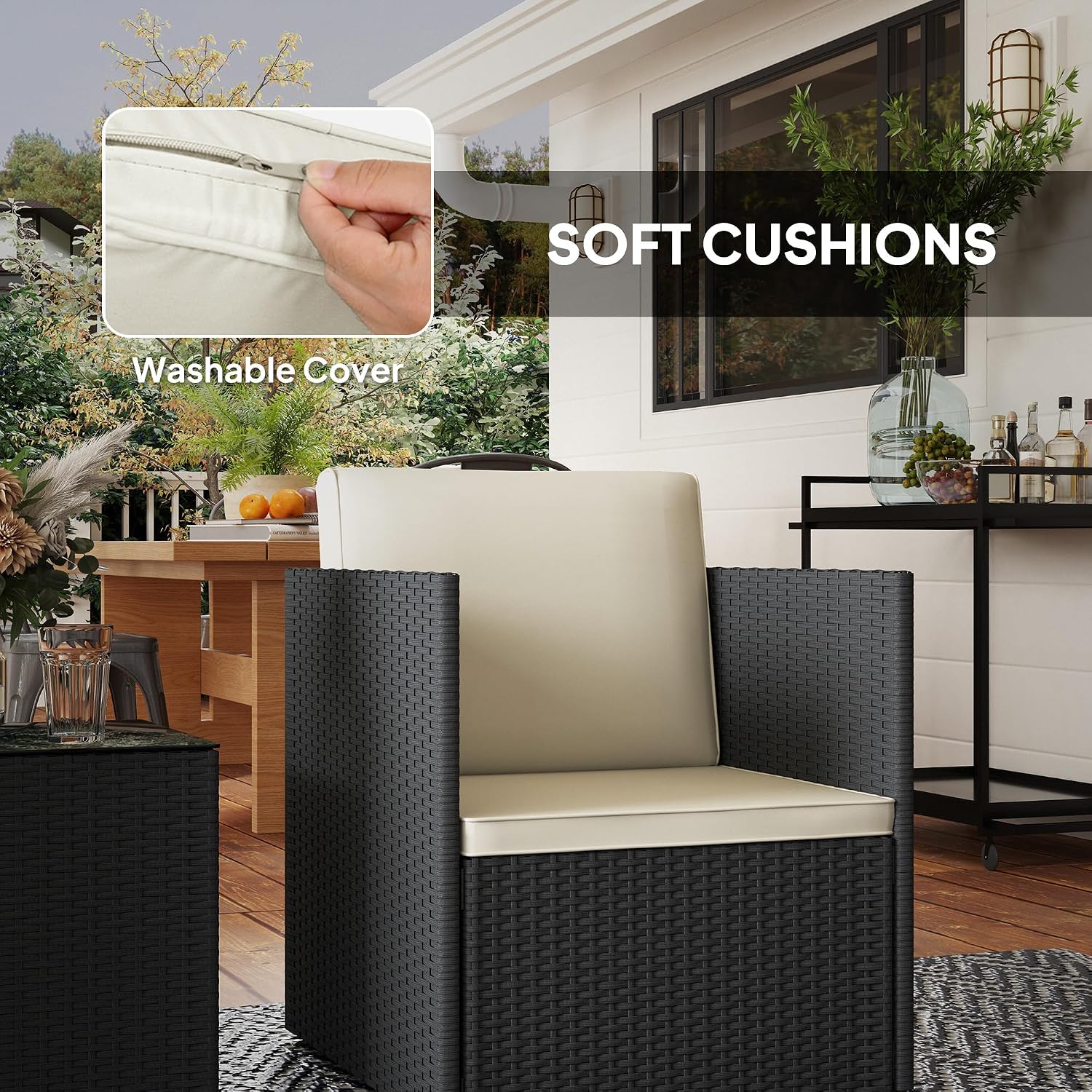Outsunny 3 Piece Patio Furniture Set, Folding Outdoor Wicker Bistro Set with Washable Cushions, Adjustable Feet, and Glass Coffee Table, Easy Assembly for Garden, Balcony, Poolside, Backyard, Black