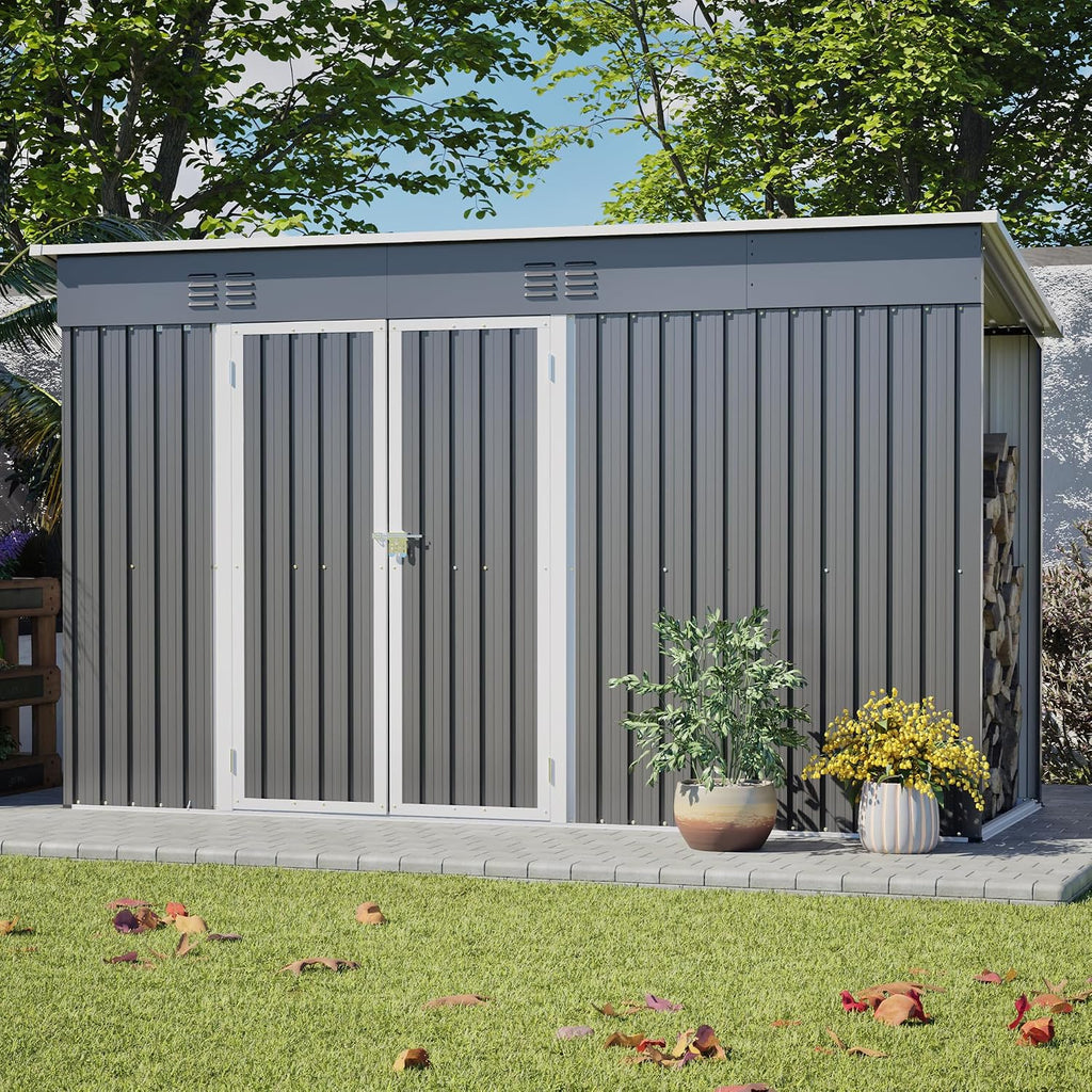 YOPTO 4x10 FT Outdoor Storage Shed with Floor,Metal Shed W/Log Store,Garden Tool Storage House W/Lockable Door & Sloped Roof,for Backyard,Patio,Lawn,Gray