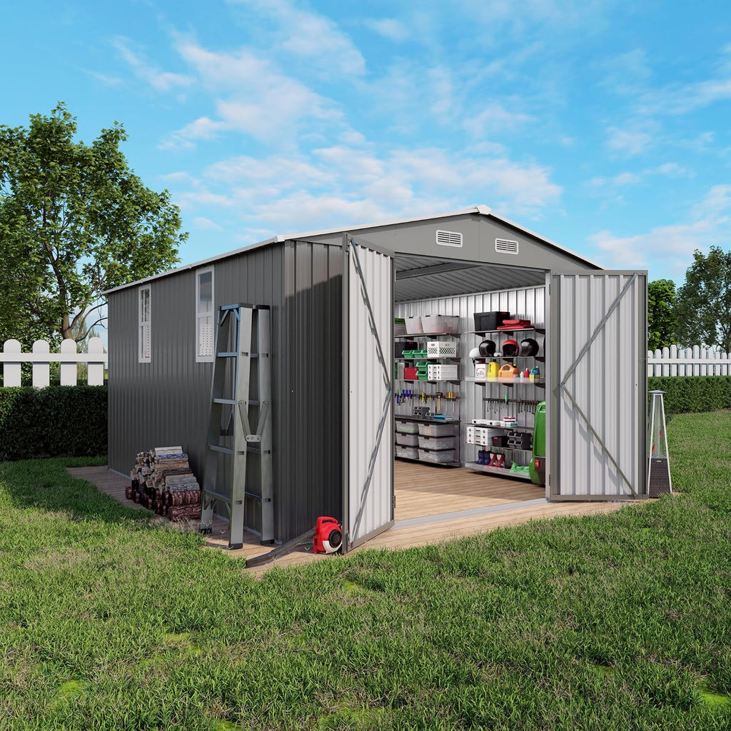 10x12x6.7FT Outdoor Storage Shed, Galvanized Steel Garden Shed with Lockable Door & Window, Waterproof Metal Tool Storage for Garden, Backyard, Patio, Lawn