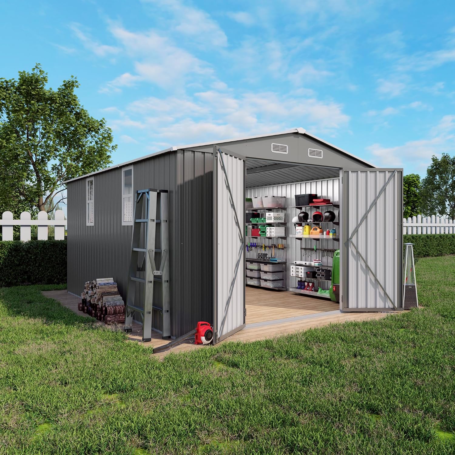 10x12x6.7FT Outdoor Storage Shed, Galvanized Steel Garden Shed with Lockable Door & Window, Waterproof Metal Tool Storage for Garden, Backyard, Patio, Lawn