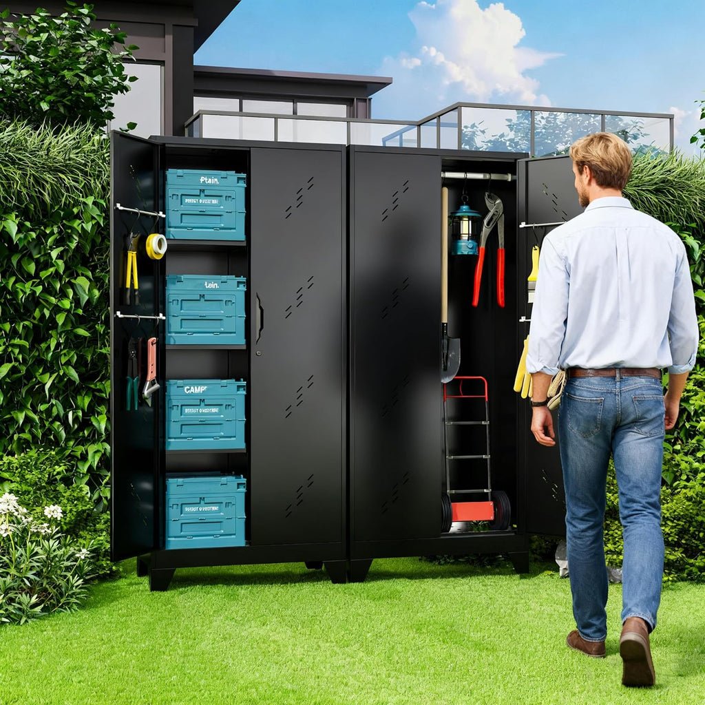 Metal Storage Cabinet 71' H, Garege Storage with Stainless Steel Bottom, Black Cleaning Supplies Organization Cabinet with Lockable Doors and Hanging Rod for Outdoor, Home Office