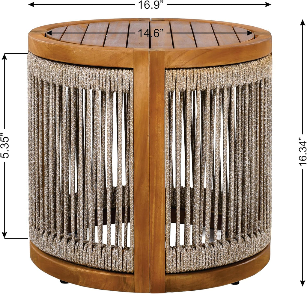 Christopher Knight Home Viktor Acacia Wood Outdoor Side Table, Patio Round Coffee Table with Woven Rope Accents, Table for Patio Furniture Set, Elegant Slatted Design, Weather-Resistant, Teak