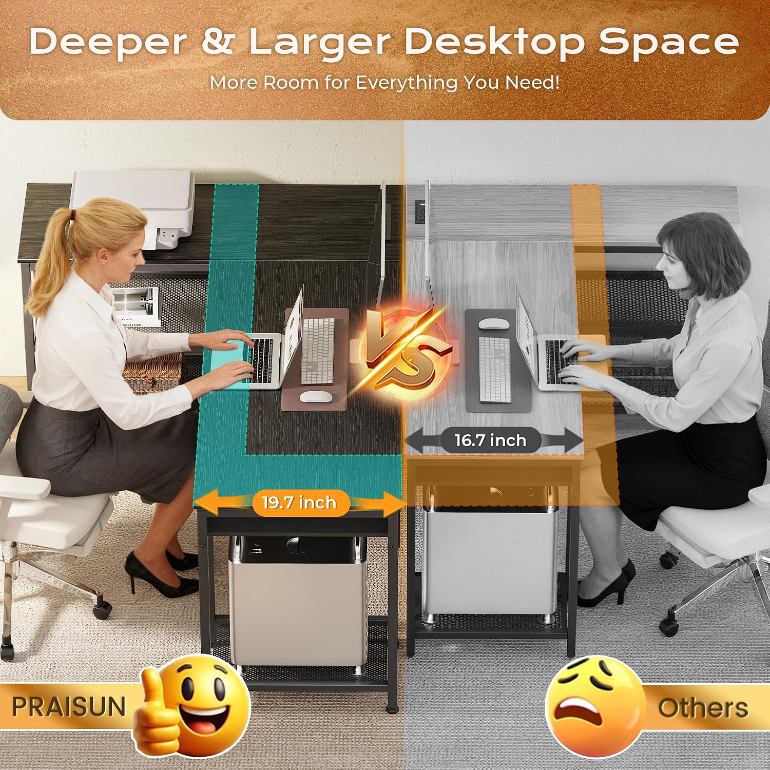 PRAISUN 63 Inch L Shaped Office Desk with Power Outlets and Type-C Port, Large Computer Gaming Desk with 3 Fabric Drawers, Mesh Shelves, Corner Study Work Writing Desk, Black