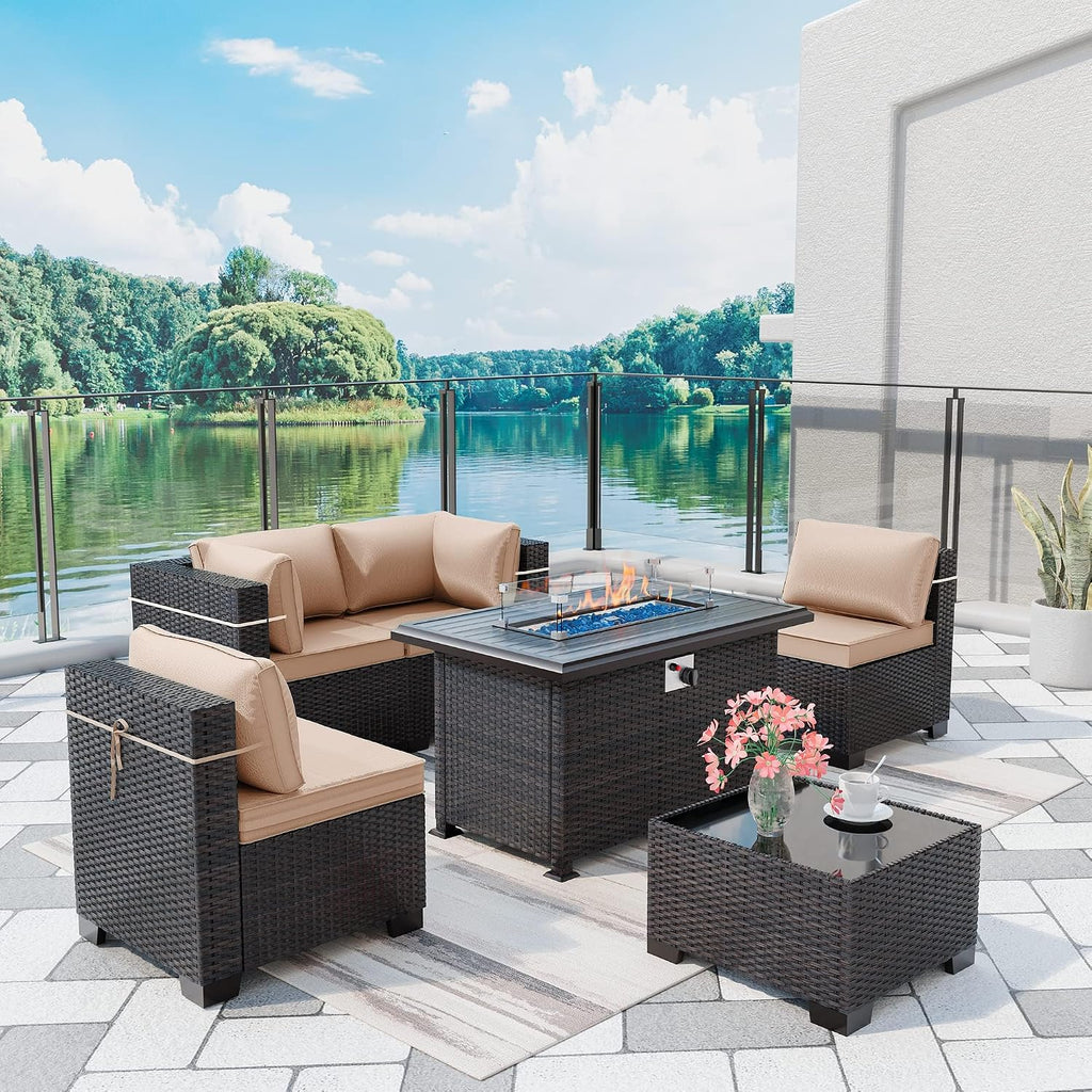 Outdoor Patio Furniture with Fire Pit Table, 6 Pieces Outdoor Furniture Patio Sectional Sofa PE Rattan Conversation Sets w/43 Propane Gas Firepit & Coffee Table for Outside - Brown.