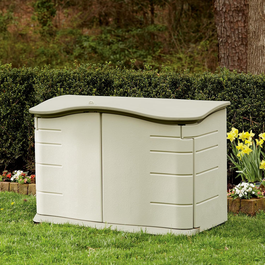 Rubbermaid Small Horizontal Resin Outdoor Storage Shed With Floor (4.5 x 3 Ft) Weather Resistant, Beige/Brown, Organization for Home/Backyard/Pool Chemicals/Toys/Garden Tools/Porch/Patio Cushions