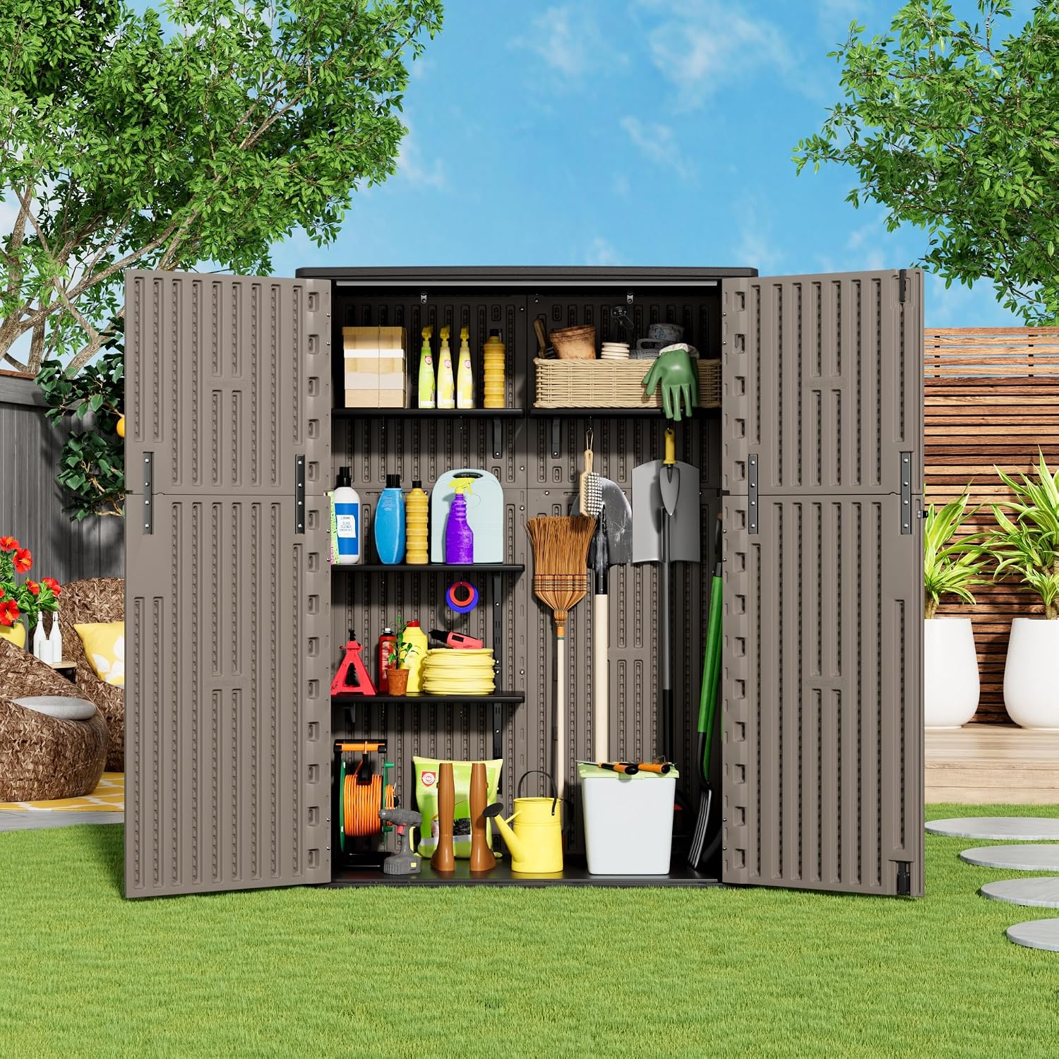 Mrosaa Outdoor Storage Shed Waterproof,Resin Storage Cabinet Outdoor with Floor,Tall Outdoor Storage Box for Garage Storage, Pool Storage, Bike, Garden (57Cu.ft)-Brown