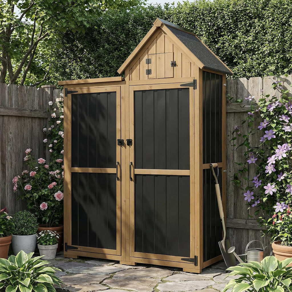 PetsCosset Outdoor Storage Cabinet Wood & Metal Garden Shed with Lockable Doors, 3 Adjustable Shelves, Weatherproof Patio Backyard Storage for Tools & Garden Supplies