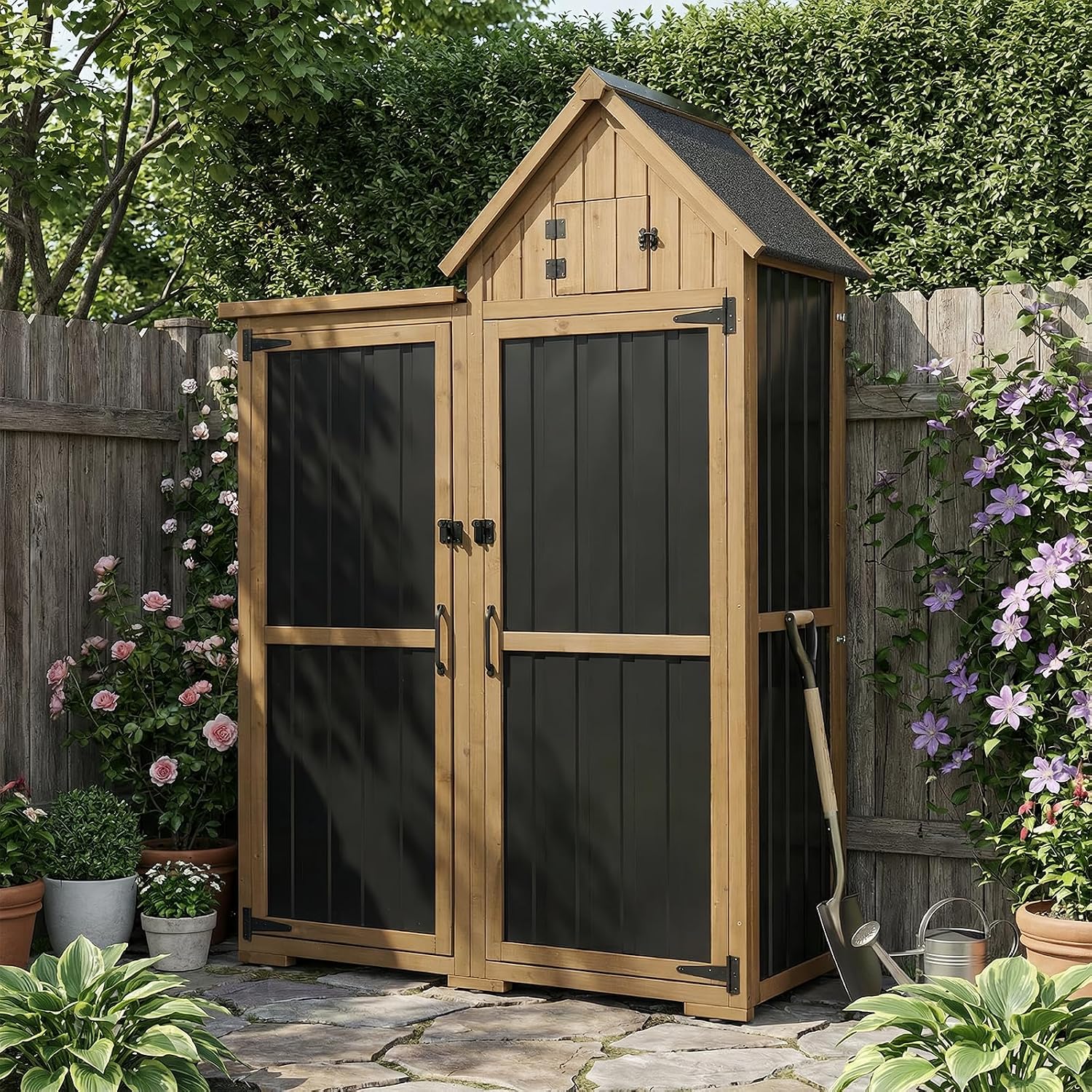 PetsCosset Outdoor Storage Cabinet Wood & Metal Garden Shed with Lockable Doors, 3 Adjustable Shelves, Weatherproof Patio Backyard Storage for Tools & Garden Supplies