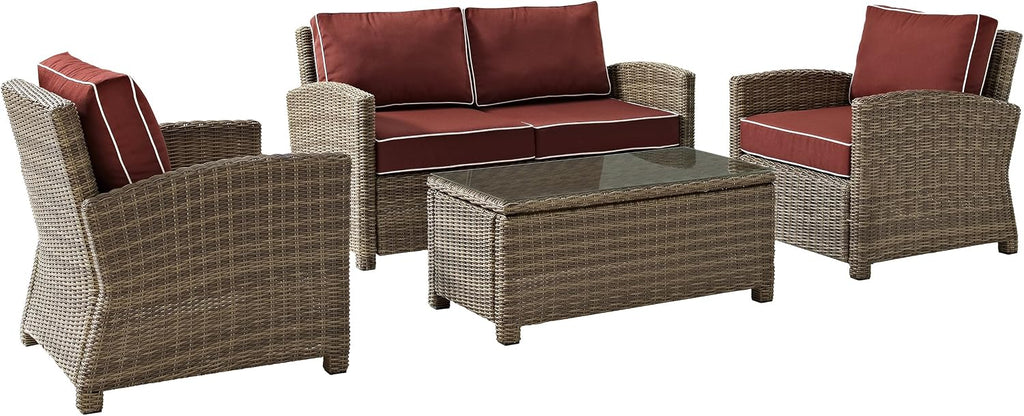 Crosley Furniture Bradenton 4-Piece Outdoor Loveseat Patio Furniture Set, Wicker Conversation Sets for Porch, Brown with Sangria Cushions