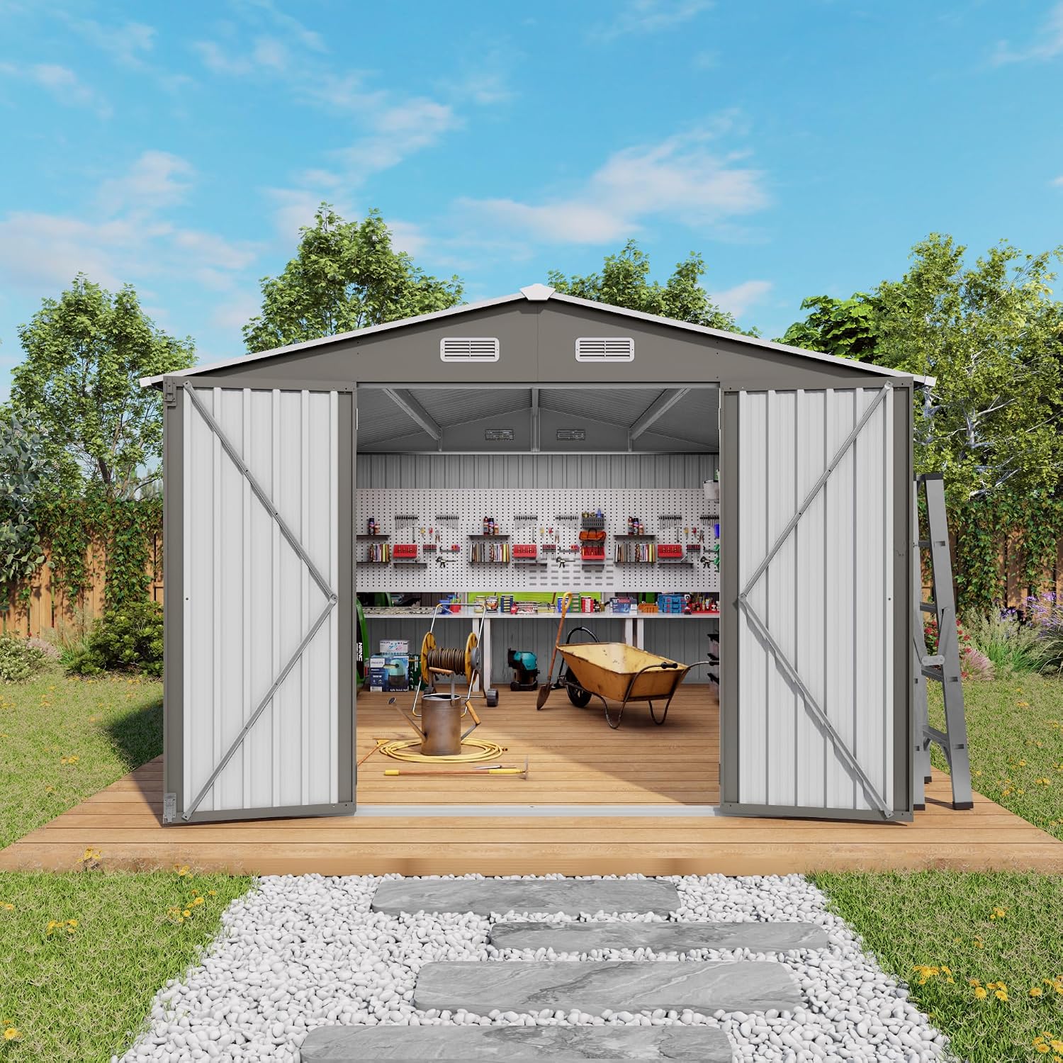 10x12 FT Outdoor Storage Shed with Windows, Metal Sheds & Outdoor Storage with Lockable Door and 4 Vents, Outside Storage Shed Waterproof for Backyard, Garden, Patio, Gray