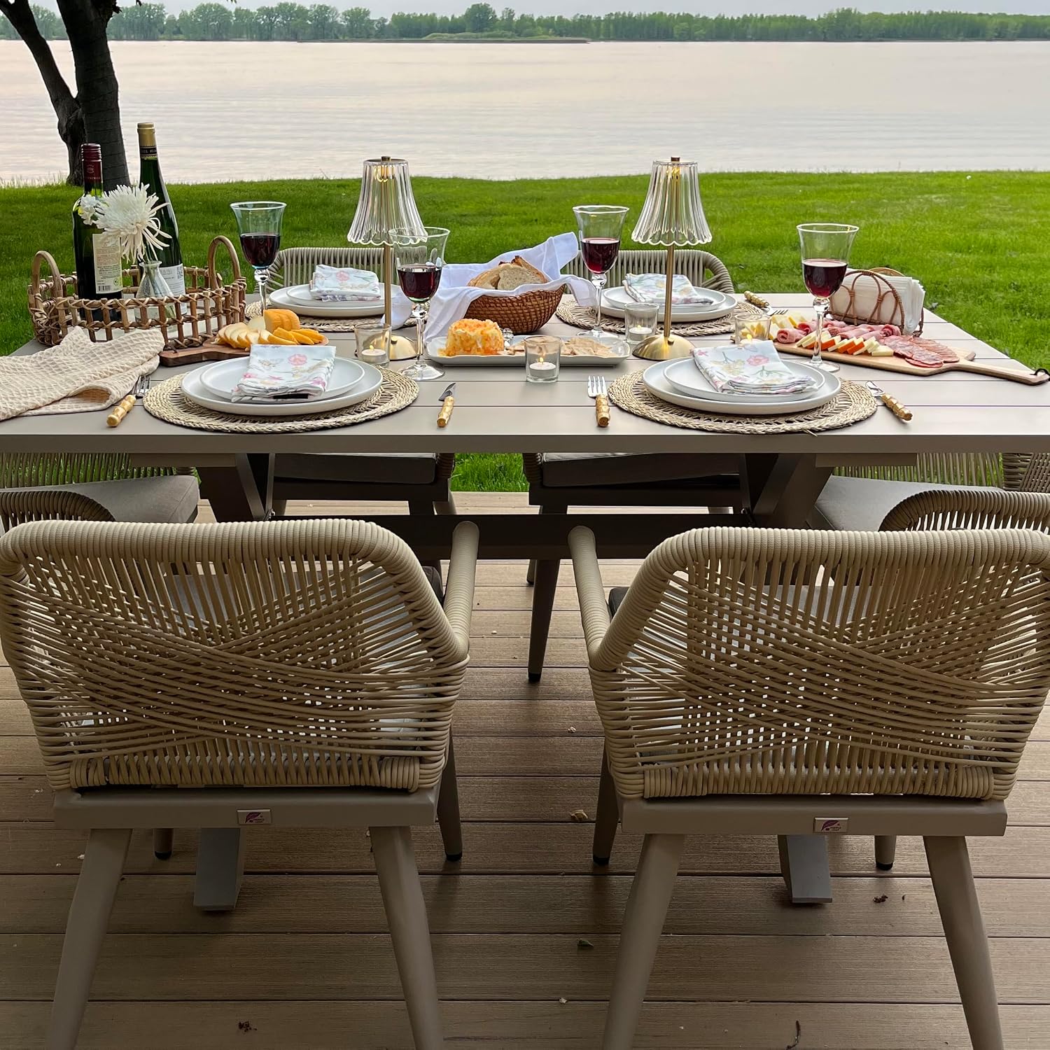 PURPLE LEAF Outdoor Patio Dining Set All-Weather PE Rattan Furniture Set with All Aluminum Frame Rectangular 9 Pieces Table and Chairs Set for 8 People Lawn Garden Backyard Deck, Champagne