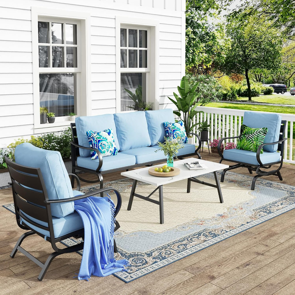 MFSTUDIO 4 Pieces Patio Conversation Sets(5 Seat),Outdoor Metal Furniture Sofas with 1 Loveseat(3 Seat), 2 Rocking Chairs,1 Coffee Table,Wrought Iron with Blue Cushion for Patio Courtyard Balcony