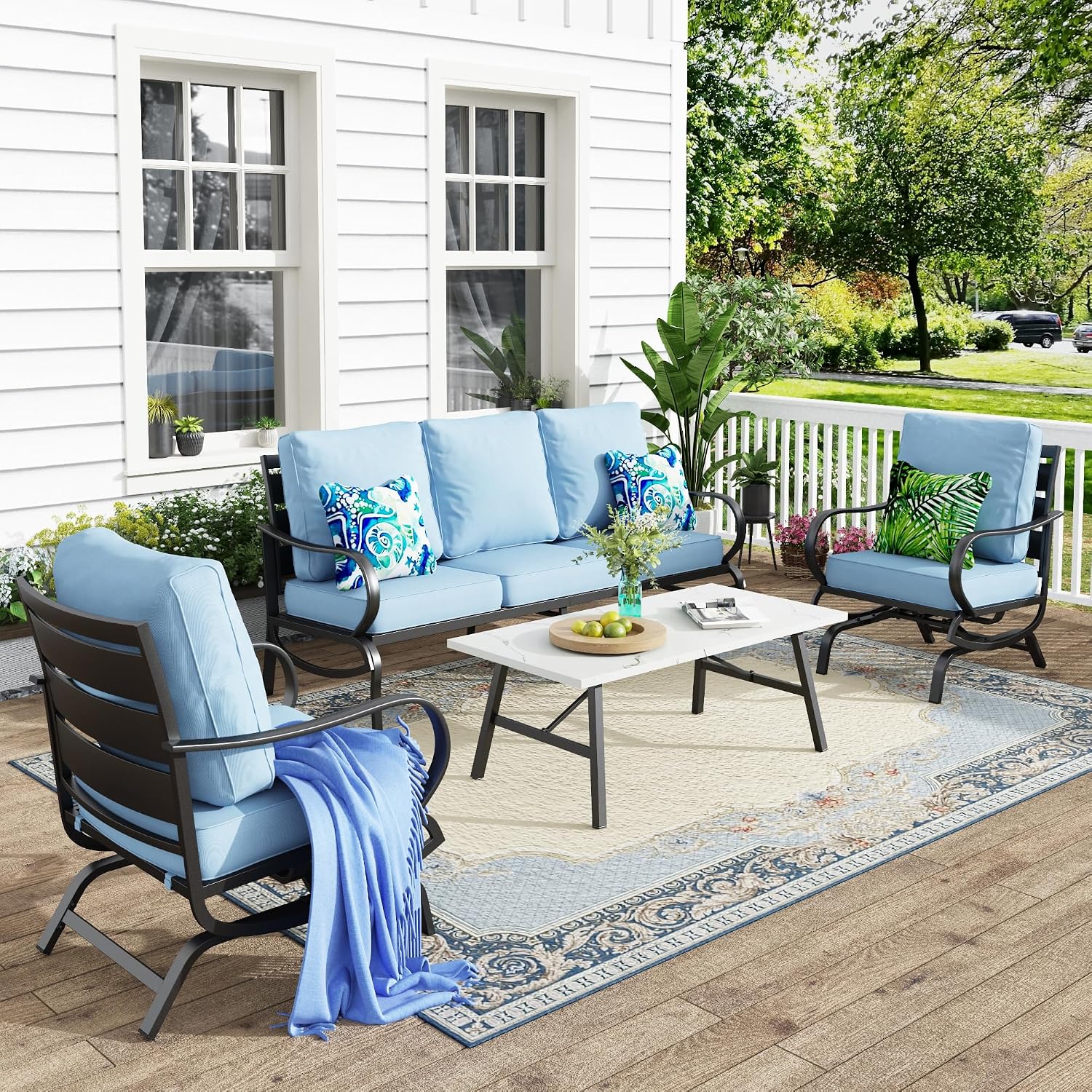 MFSTUDIO 4 Pieces Patio Conversation Sets(5 Seat),Outdoor Metal Furniture Sofas with 1 Loveseat(3 Seat), 2 Rocking Chairs,1 Coffee Table,Wrought Iron with Blue Cushion for Patio Courtyard Balcony