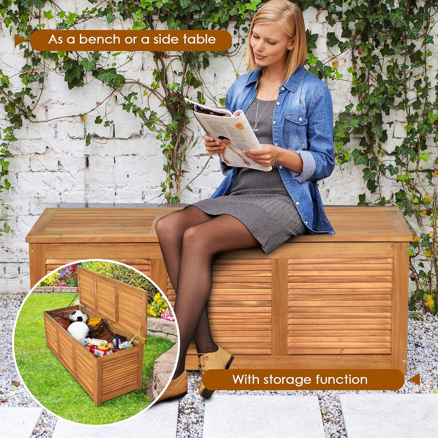 Tangkula 46 Gallon Acacia Wood Deck Box, Garden Backyard Storage Bench, Outdoor Storage Container for Patio Furniture Cushions and Gardening Tools