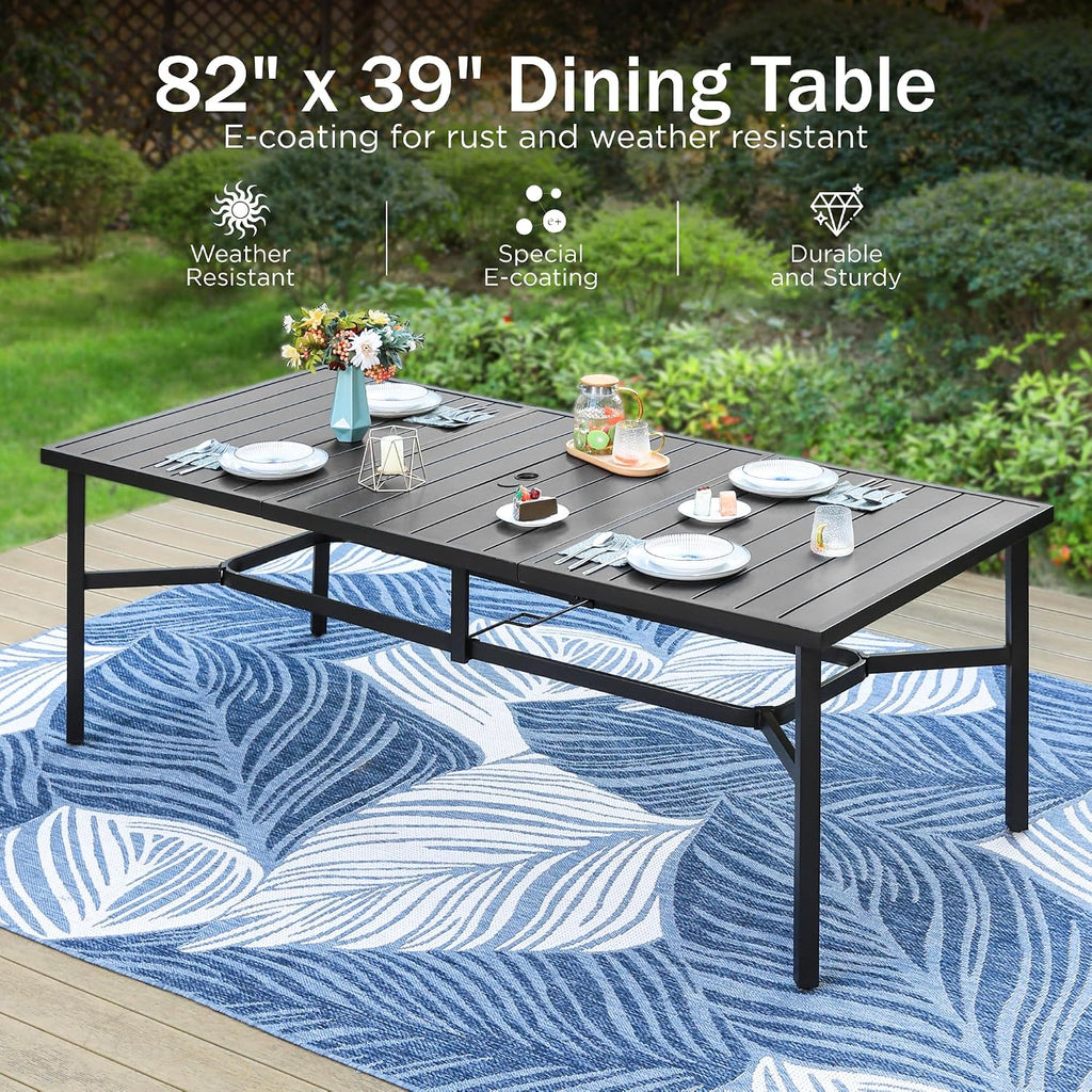 PHI VILLA 9 Pieces Outdoor Dining Set for 8, 83' Rectangular Metal Table with Umbrella Hole & Stackable Black Wrought Iron Chairs, Large Outside Furniture for Patio, Deck, Yard, Porch