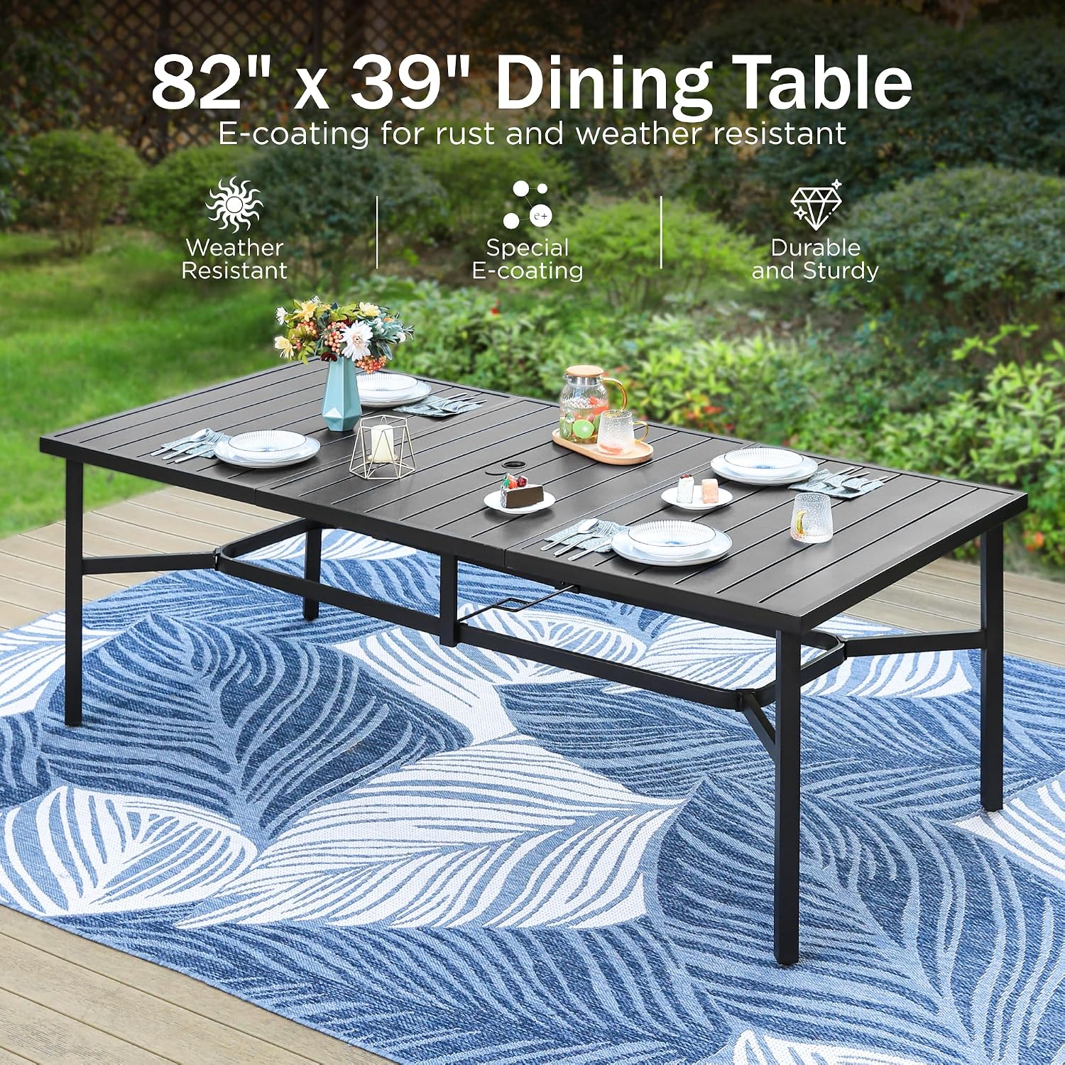 PHI VILLA 9 Pieces Outdoor Dining Set for 8, 83' Rectangular Metal Table with Umbrella Hole & Stackable Black Wrought Iron Chairs, Large Outside Furniture for Patio, Deck, Yard, Porch