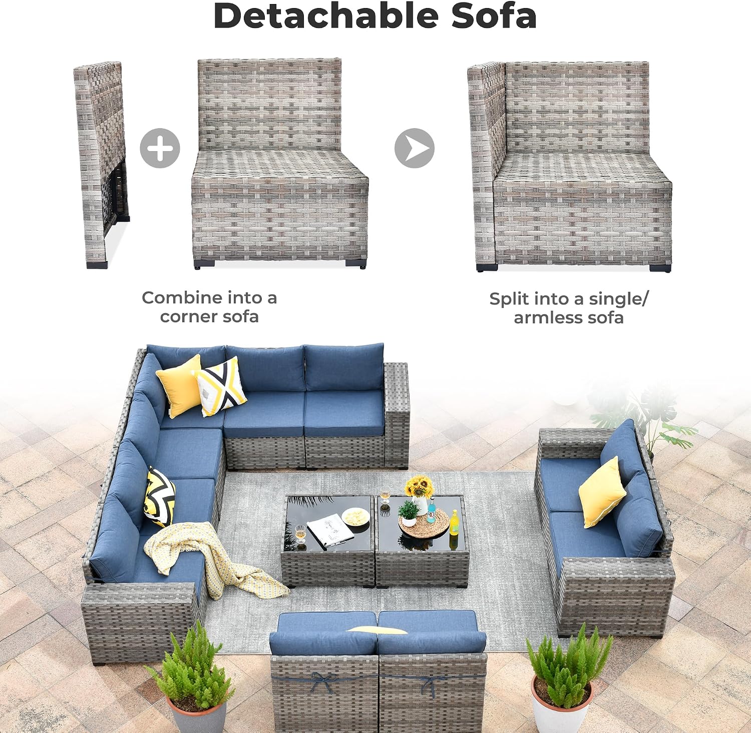 ovios 12 Pieces Patio Furniture Set, Outdoor Wicker Sectional Sofa with Coffee Table Comfy Cushions, Modern Modular Deep Seat Couch Rattan Conversation Set, Denim Blue