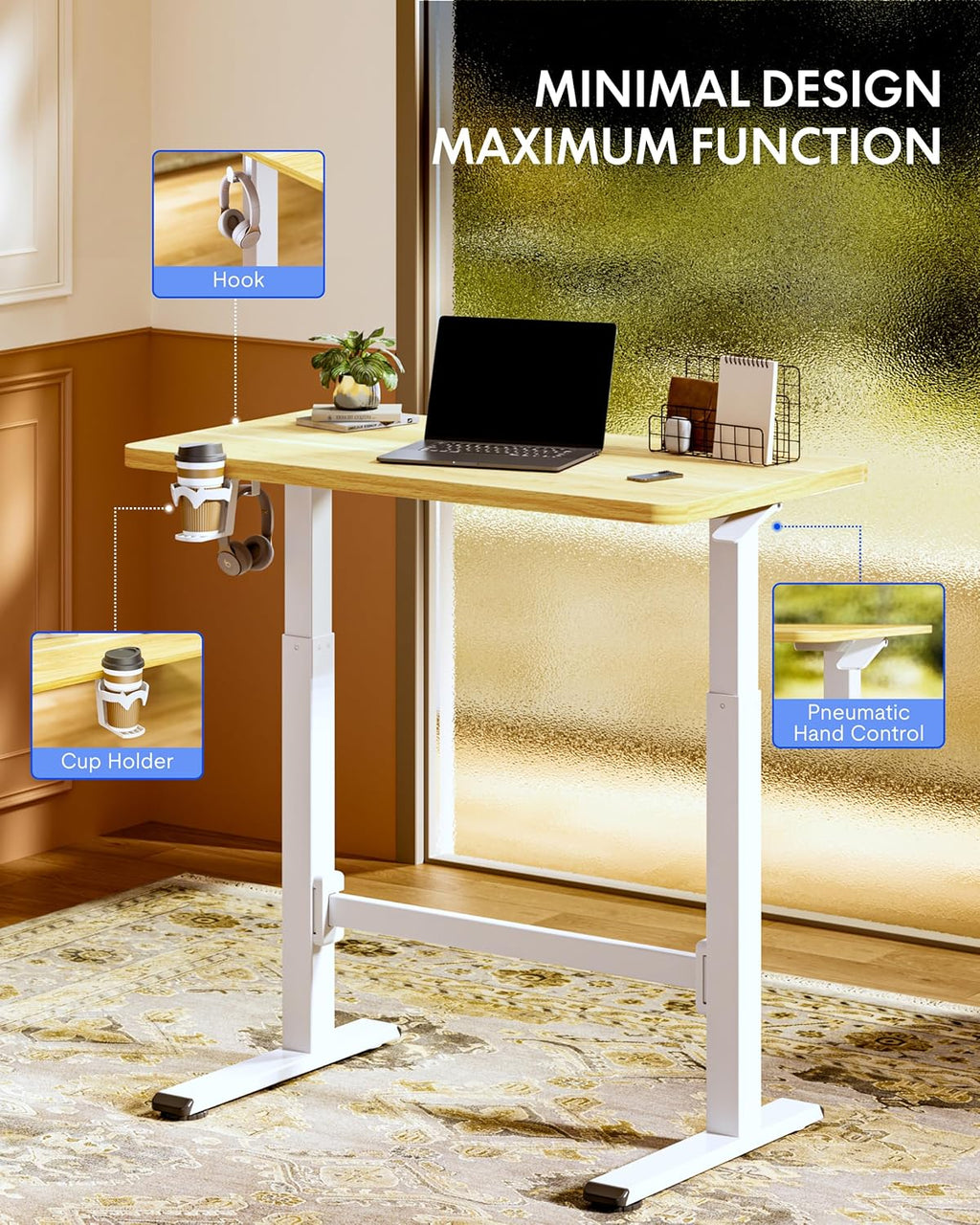 FLEXISPOT H7 Plus Gas Spring Adjustable Standing Desk, Mobile Rolling Sit-Stand Workstation with Wheel, Cordless Stand Up Desk for Small Room & Home Office 40' One-Piece Desktop Maple,height 27.6'–45'