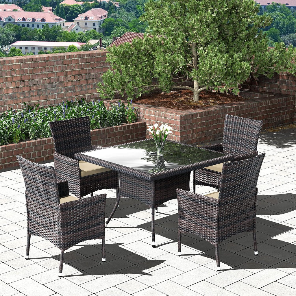 5 Pieces Outdoor Patio Dining Set,Patio Table and Chairs Rattan Outdoor Patio Furniture Set with Umbrella Hole,Dining Table Set for 4 with Chairs for Backyard,Garden and Kitchen,Brown