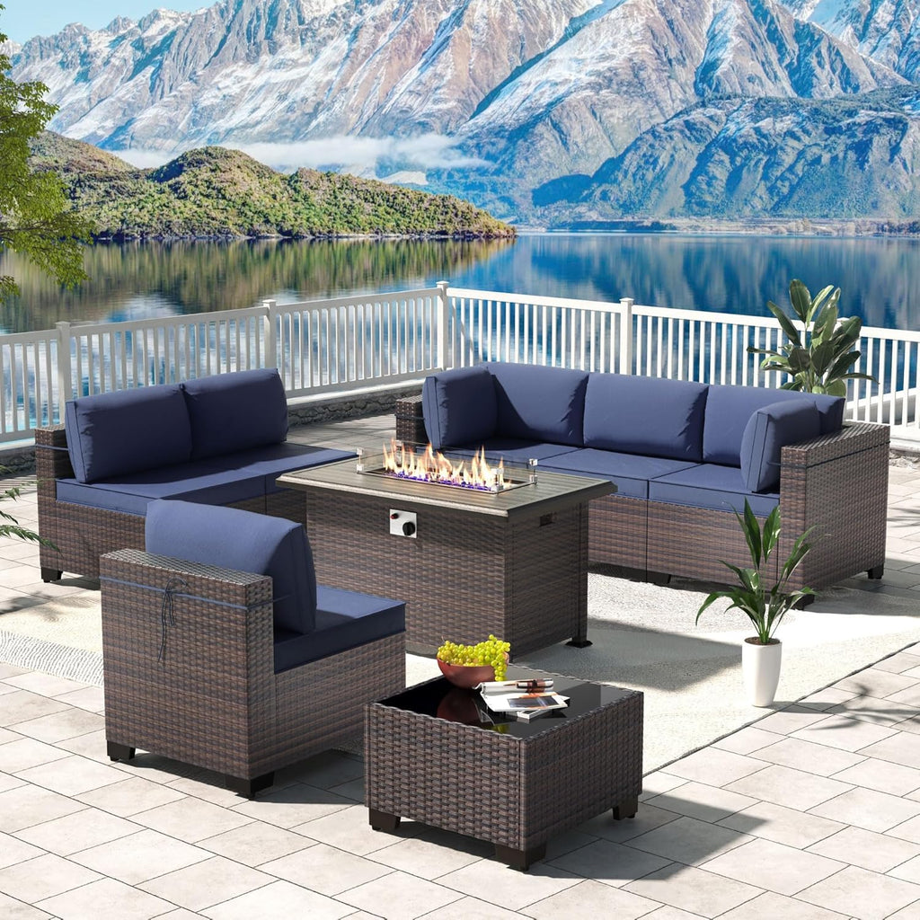 Kullavik 8 Pieces Outdoor Patio Furniture Set,Sectional Sofa Set with 43' 55000 BTU Gas Propane Fire Pit Table,Brown PE Rattan Wicker Patio Conversation Set,Navy Blue