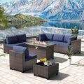 Kullavik 8 Pieces Outdoor Patio Furniture Set,Sectional Sofa Set with 43' 55000 BTU Gas Propane Fire Pit Table,Brown PE Rattan Wicker Patio Conversation Set,Navy Blue