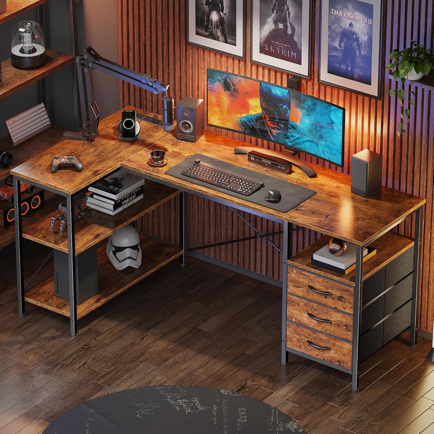 Huuger L Shaped Office Desk with Power Outlets, 55 Inch Computer Desk with 3 Drawers, Shelves, Reverisble for Gaming Corner Work Home Office Study, Rustic Brown