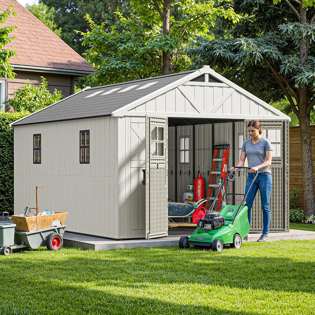 Patiowell 10 x 14 FT Outdoor Storage Shed, Plastic Shed with Floor and Skylight, Resin Storage Shed with Four-Window and Lockable Door for Garden, Patio, Backyard, Beige
