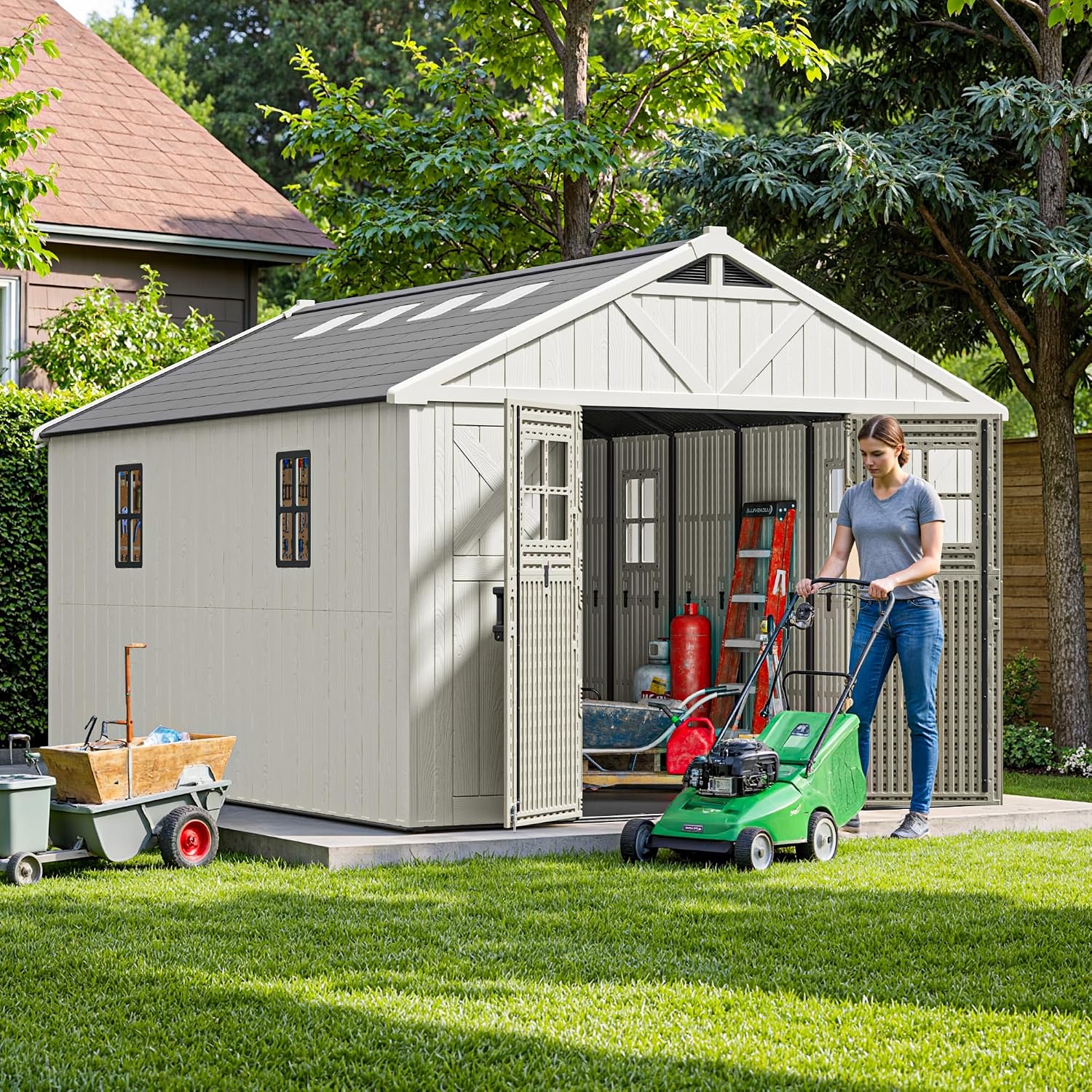 Patiowell 10 x 14 FT Outdoor Storage Shed, Plastic Shed with Floor and Skylight, Resin Storage Shed with Four-Window and Lockable Door for Garden, Patio, Backyard, Beige