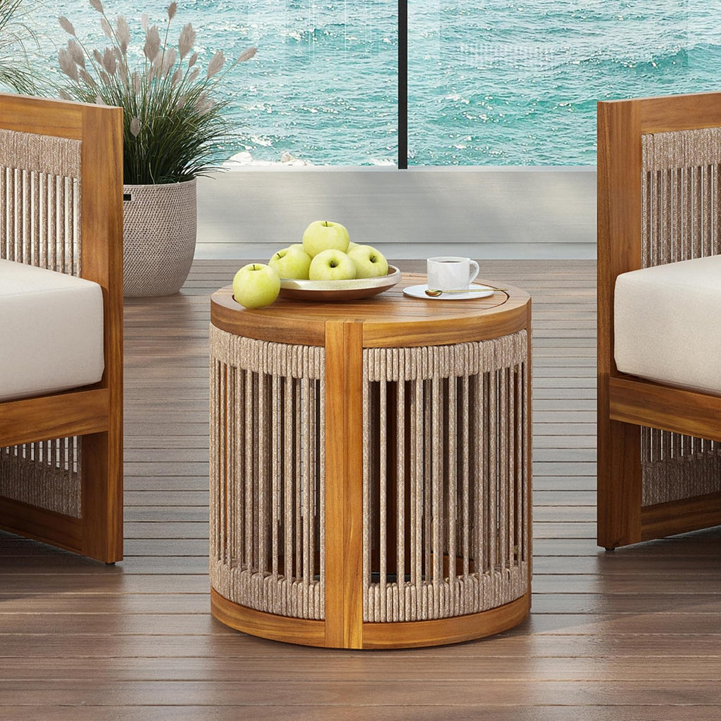 Christopher Knight Home Viktor Acacia Wood Outdoor Side Table, Patio Round Coffee Table with Woven Rope Accents, Table for Patio Furniture Set, Elegant Slatted Design, Weather-Resistant, Teak