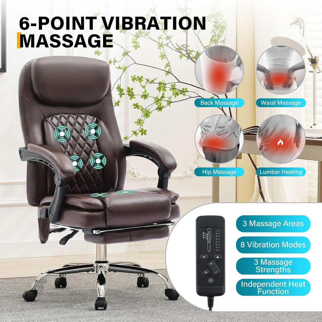 6-Point Massage Office Chair with Heated, Ergonomic Office Chair with Footrest & 45°Reclining High Back, Big and Tall Executive Office Chair 500LBS, Thick Cushion Desk Chair for Home Office, Brown(PU)