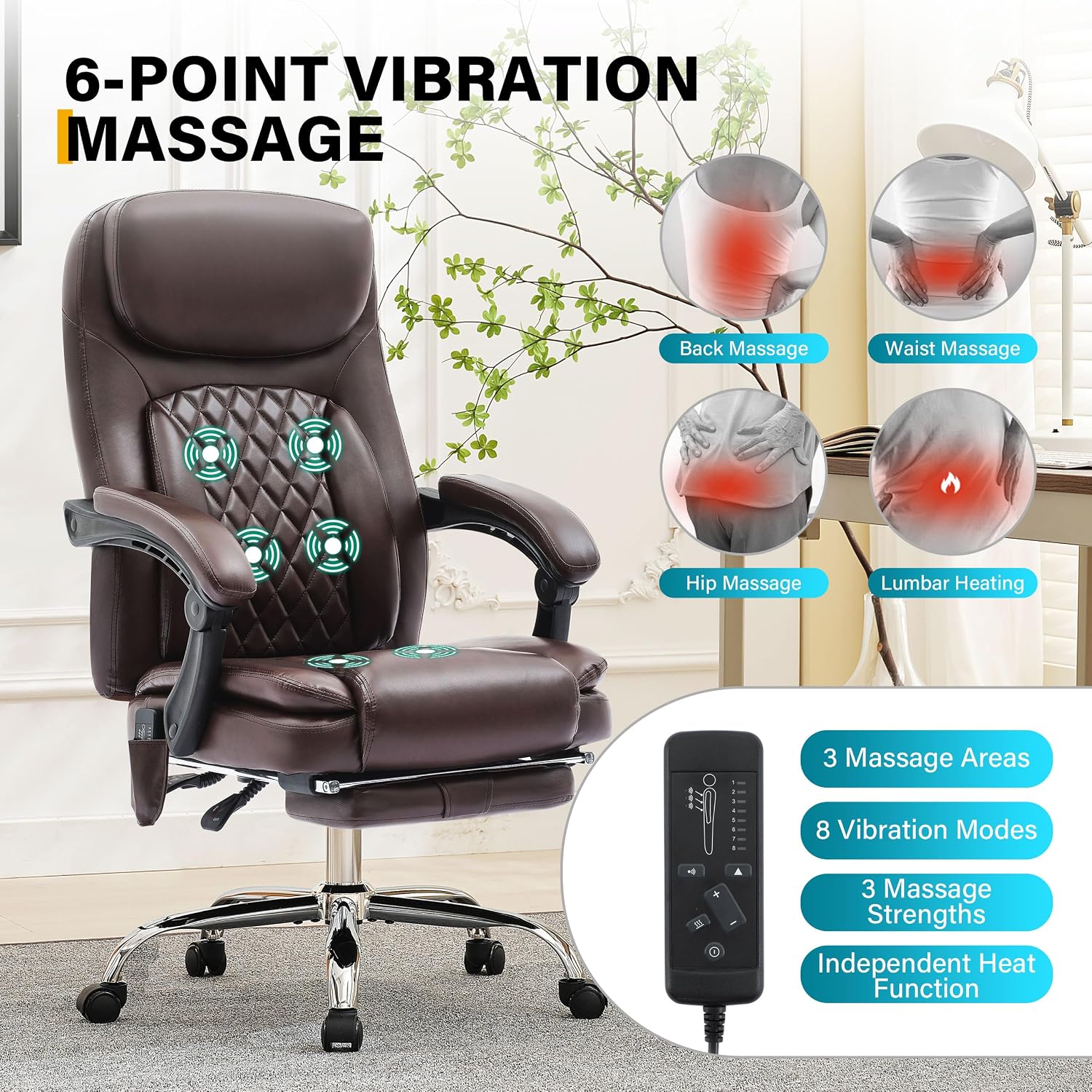 6-Point Massage Office Chair with Heated, Ergonomic Office Chair with Footrest & 45°Reclining High Back, Big and Tall Executive Office Chair 500LBS, Thick Cushion Desk Chair for Home Office, Brown(PU)