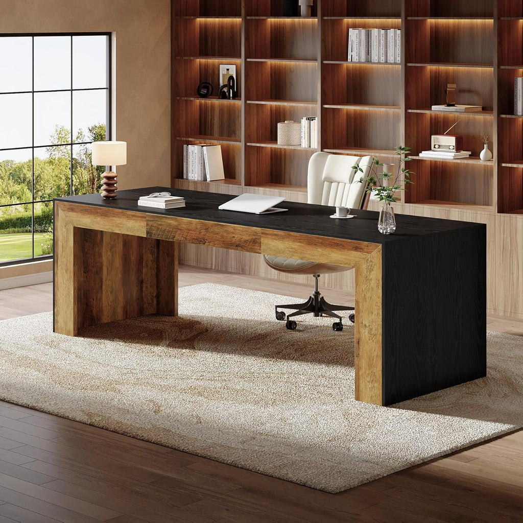 Tribesigns 78.7-Inch Long Computer Desk for 2 People, Farmhouse Executive Desk with Wooden Desktop and Legs, Large Workstations Writing Table Gaming Table for Home Office, Heavy Duty, Black + Brown