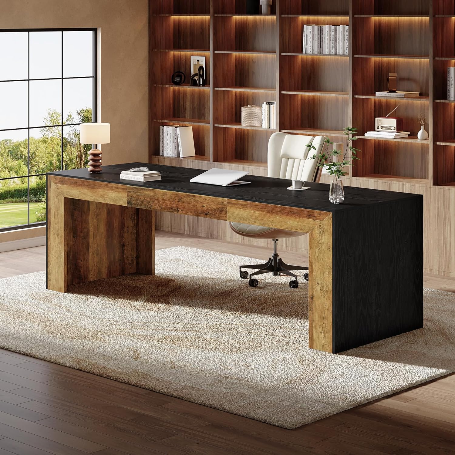Tribesigns 78.7-Inch Long Computer Desk for 2 People, Farmhouse Executive Desk with Wooden Desktop and Legs, Large Workstations Writing Table Gaming Table for Home Office, Heavy Duty, Black + Brown