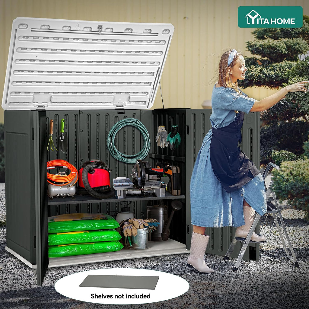 YITAHOME Large Outdoor Horizontal Storage Shed, 47 cu ft Resin Tool Shed w/o Shelf, Waterproof Outdoor Storage with Floor for Trash Cans, Garden Tools, Lawn Mower, Lockable, 4.5x2.8x3.9 ft, Dark Gray