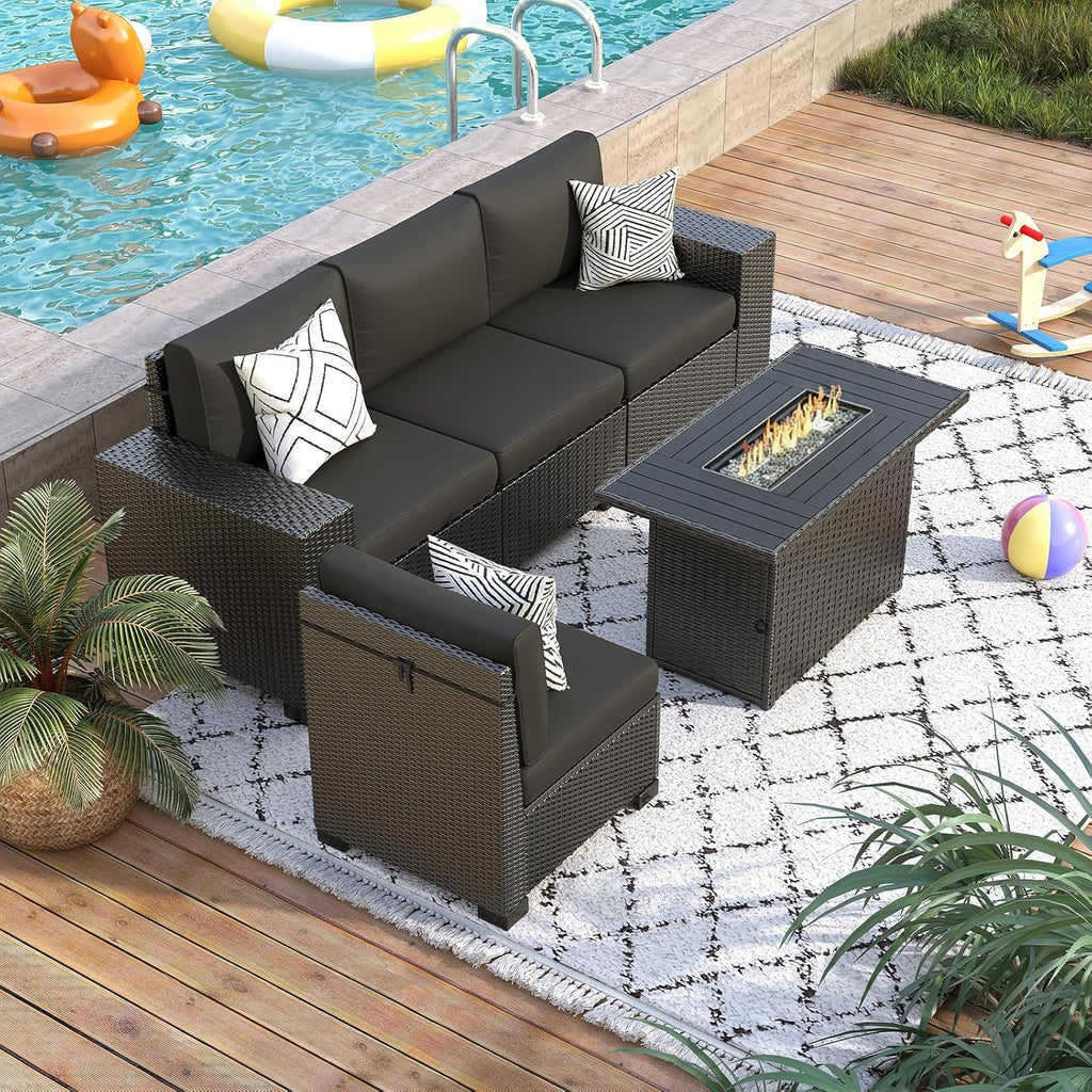 5 Piece Patio Furniture Set with Fire Pit Table, Outdoor Sectional Conversation Sets Black Wicker Rattan Sectional Sofa for Patio Garden Backyard, 4'' Thickened Cushion Black