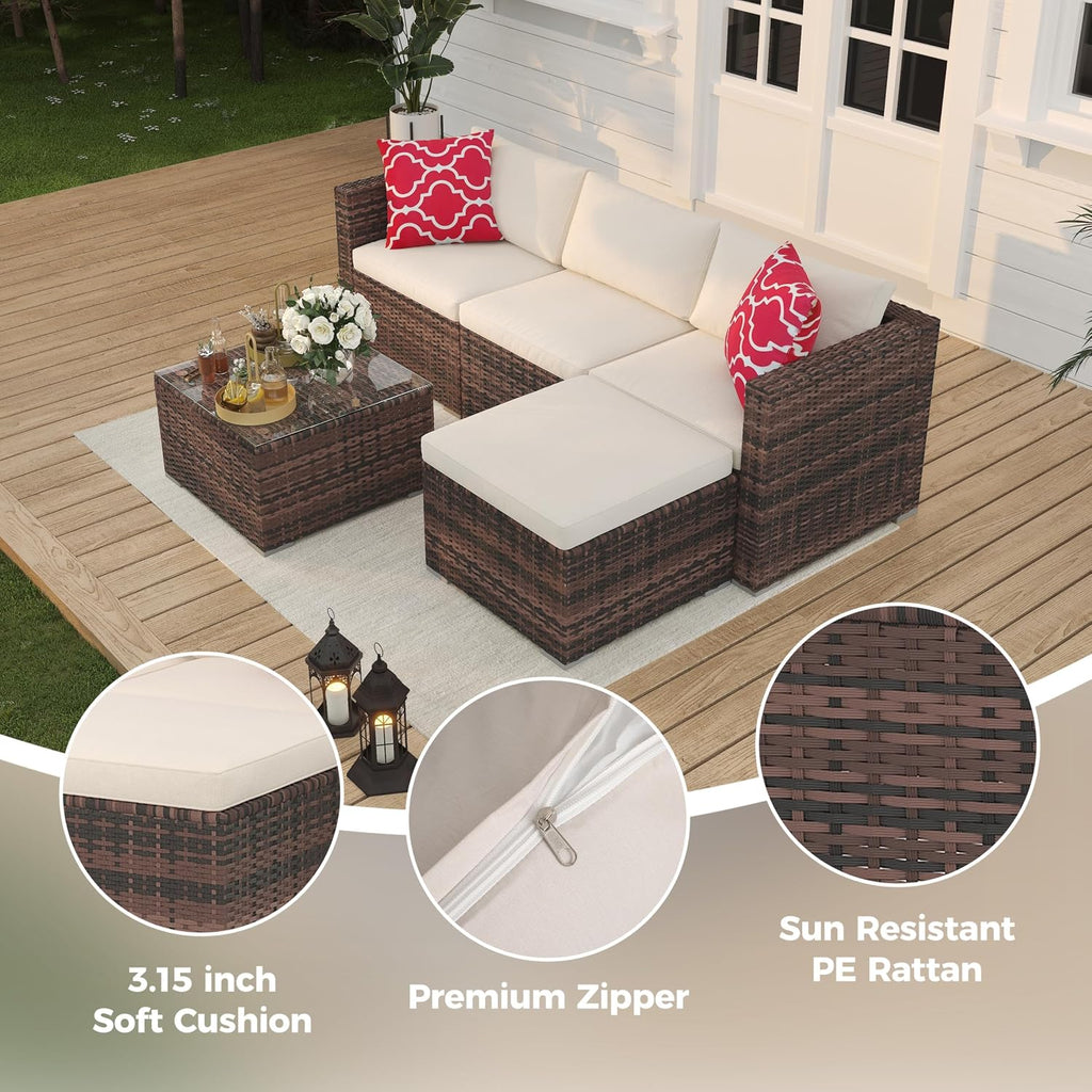 5 Pieces Patio Furniture Set, All-Weather Wicker Sectional Sofa With Anti-Slip Cushions, Rattan Outdoor Patio Furniture Sofa Set With Glass Coffee Table and Ottoman for Balcony, Porch, Garden, Brown