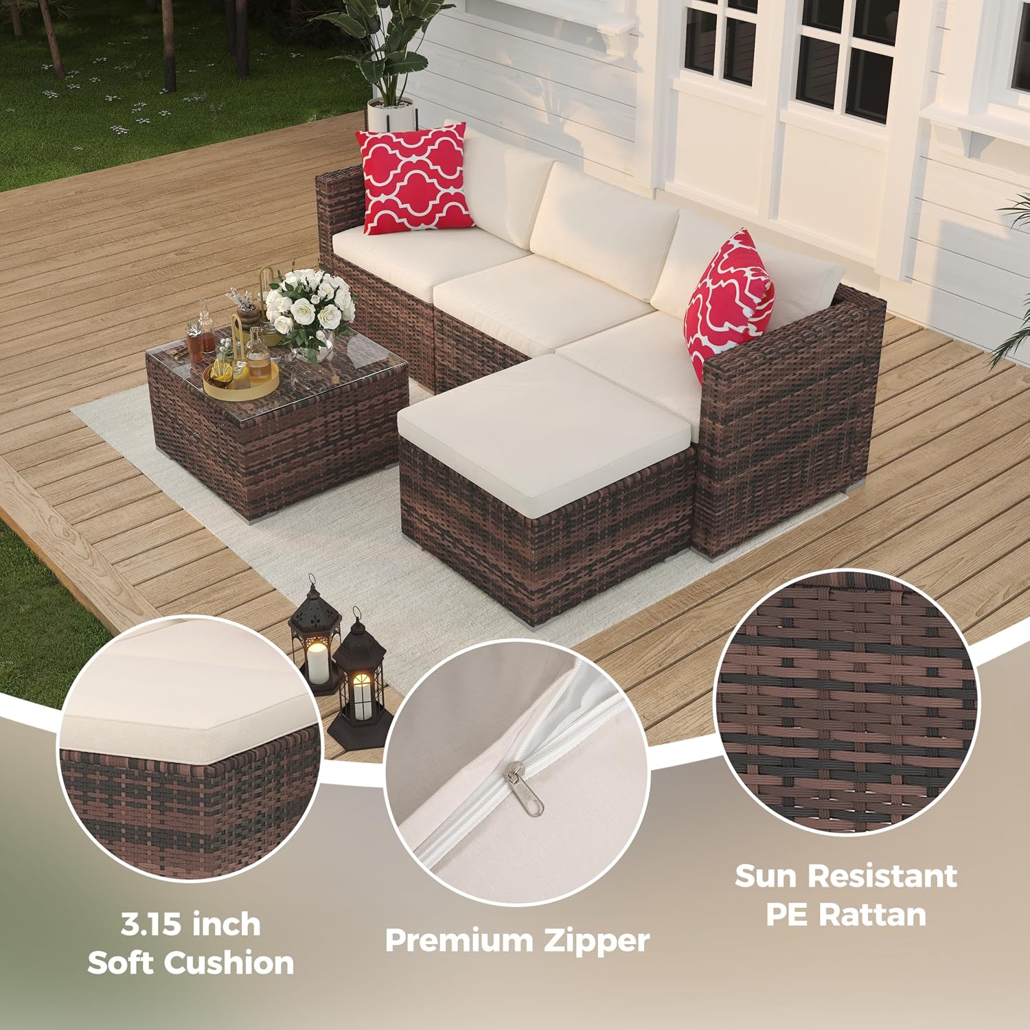 5 Pieces Patio Furniture Set, All-Weather Wicker Sectional Sofa With Anti-Slip Cushions, Rattan Outdoor Patio Furniture Sofa Set With Glass Coffee Table and Ottoman for Balcony, Porch, Garden, Brown