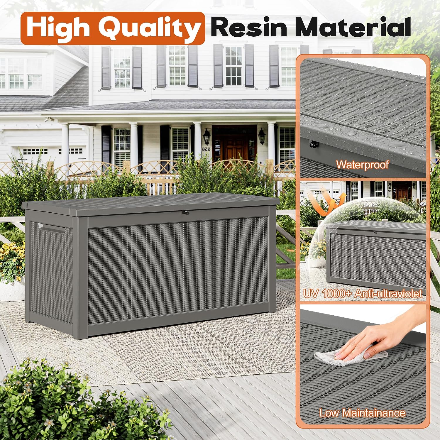 Outdoor Storage Box, Resin Deck Boxes Indoor and outdoor, Waterproof Storage Box Lockable Lid Grey,260 Gallon
