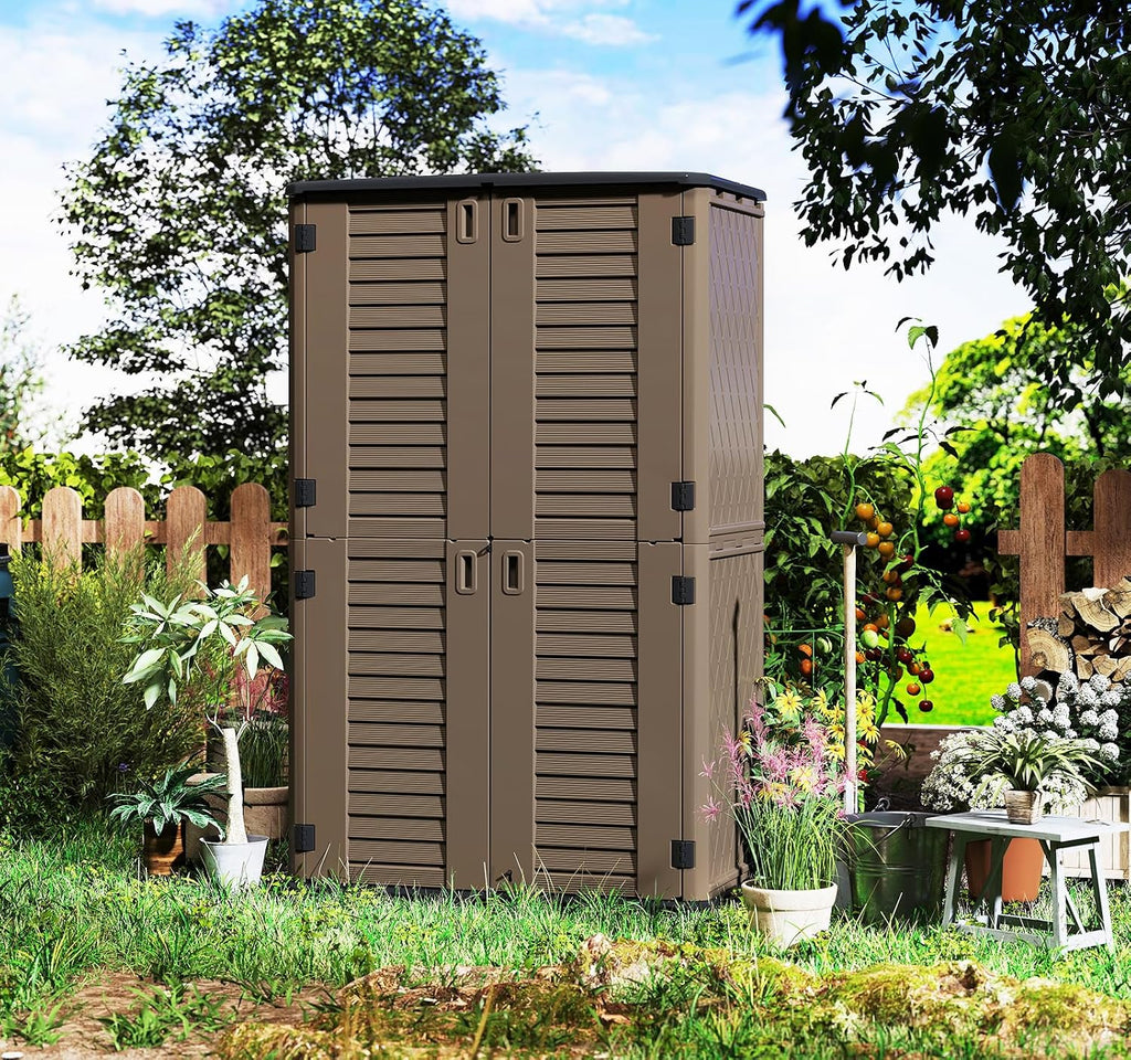 HOMSPARK Storage Shed Weather Resistance, Multi-Purpose Outdoor Storage Cabinet for Backyards and Patios, Horizontal Storage Shed for Lawnmower, Patio Accessories (Coffee, Tall - 53 cu.ft)