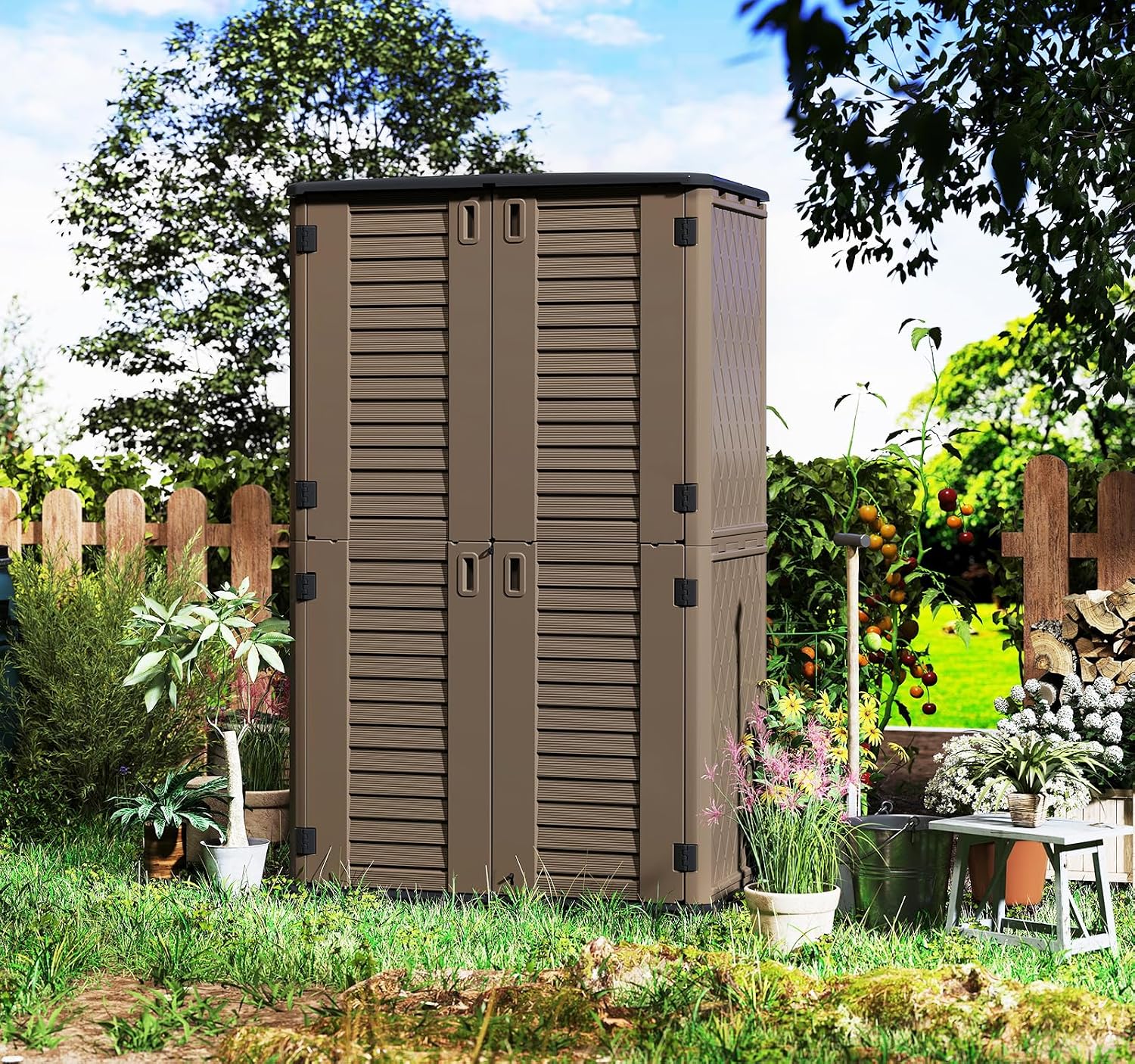 HOMSPARK Storage Shed Weather Resistance, Multi-Purpose Outdoor Storage Cabinet for Backyards and Patios, Horizontal Storage Shed for Lawnmower, Patio Accessories (Coffee, Tall - 53 cu.ft)