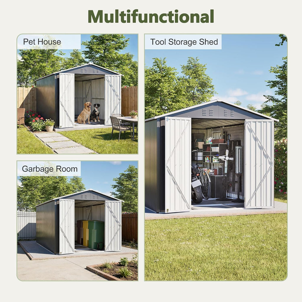 8 * 12 FT Outdoor Storage Shed with Floor Frame Heavy-Duty Metal Sheds & Outdoor Storage with Vents, Sloping Roof and Lockable Doors Waterproof Garden Tool Shed for Backyard Patio Lawn, Grey