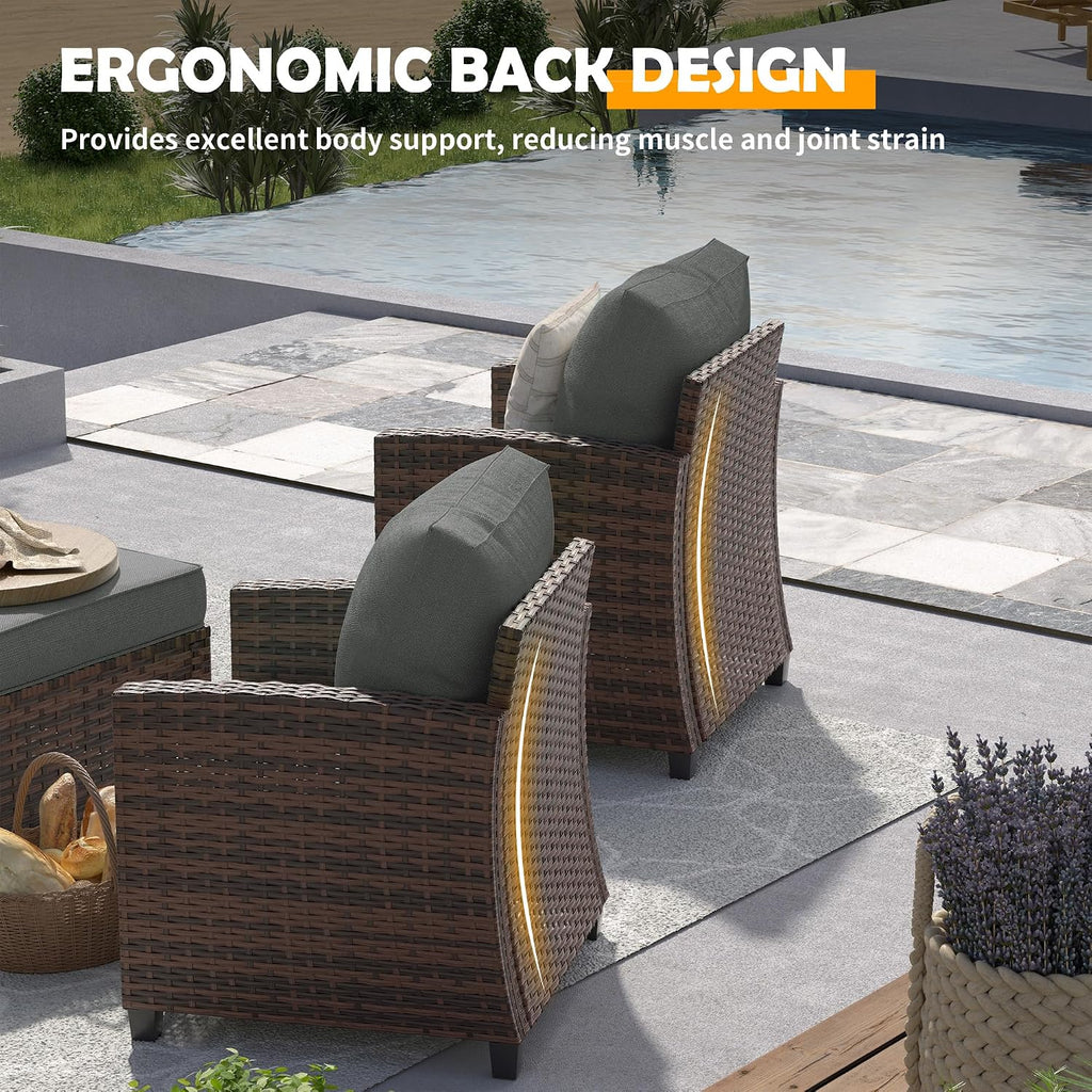 UDPATIO Patio Conversation Set, 5 Pieces Outdoor Furniture Set, All-Weather Wicker Rattan High Back Outdoor Sectional Sofa Set with Ottoman for Poolside, Backyard, Brown Wicker Dark Grey Cushions