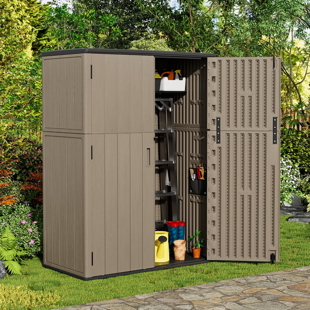 Mrosaa Outdoor Storage Shed Waterproof,Resin Storage Cabinet Outdoor with Floor,Tall Outdoor Storage Box for Garage Storage, Pool Storage, Bike, Garden (57Cu.ft)-Brown