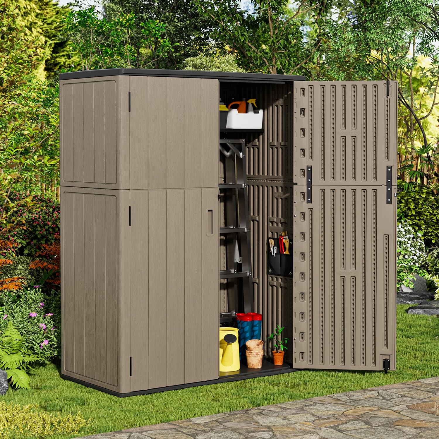 Mrosaa Outdoor Storage Shed Waterproof,Resin Storage Cabinet Outdoor with Floor,Tall Outdoor Storage Box for Garage Storage, Pool Storage, Bike, Garden (57Cu.ft)-Brown