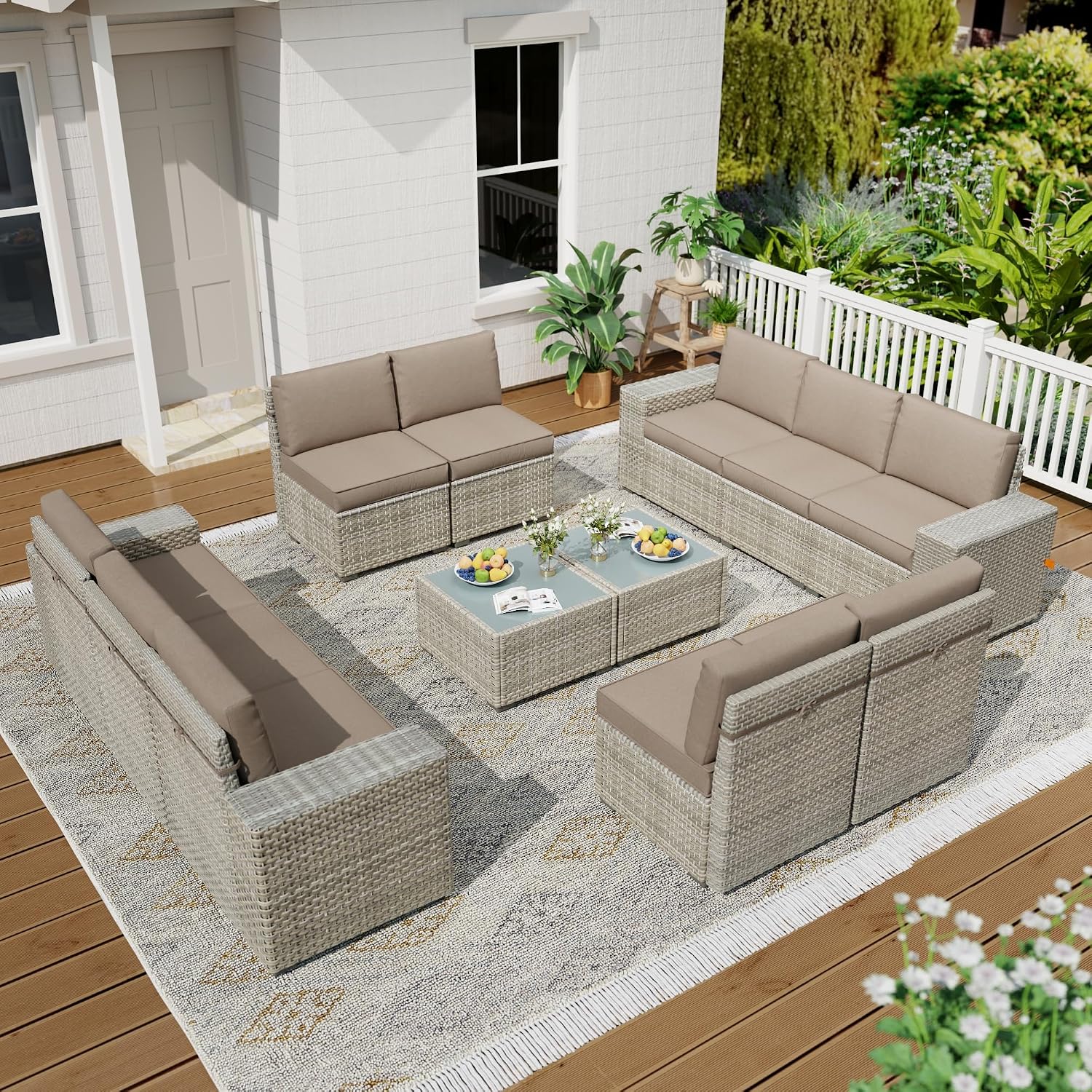 12 Piece Patio Furniture Set, 9.8' Wide Arm Sectional Sofa with Storage Armrests, All-Weather Rattan Outdoor Conversation Set for Garden, Porch, Lawn, Backyard, Balcony, Khaki