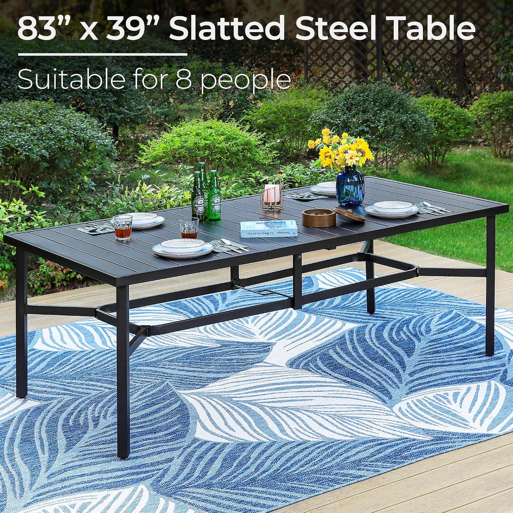 PHI VILLA 9 Pieces Outdoor Dining Set for 8, 83' Rectangular Metal Table with Umbrella Hole & Stackable Black Wrought Iron Chairs, Large Outside Furniture for Patio, Deck, Yard, Porch