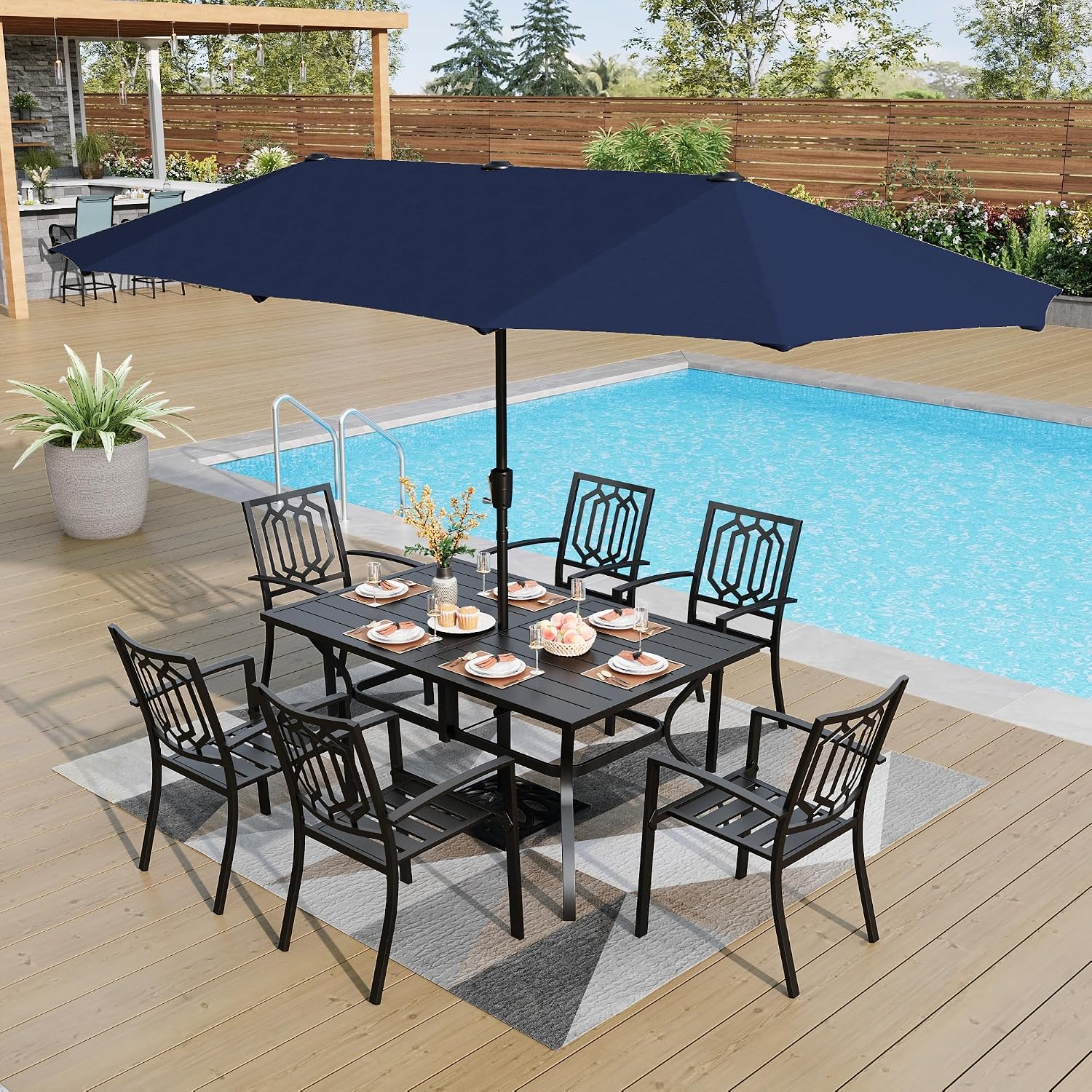PHI VILLA 7 Piece Outdoor Dining Set for 6, 60' Rectangular Metal Steel Table with Umbrella Hole & Stackable Chairs, Heavy-Duty Furniture Set for Patio, Deck, Yard, Porch - Black