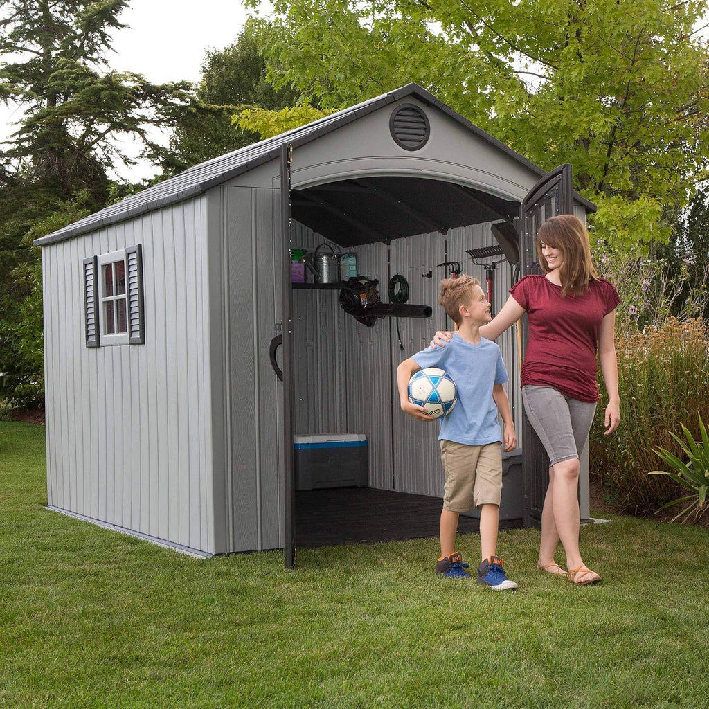 Lifetime 8 x 10 Ft Outdoor Storage Shed, Dual-Wall HDPE Construction, Steel-Reinforced, Skylight and Window, Lockable Doors, UV-Protected Gray Finish